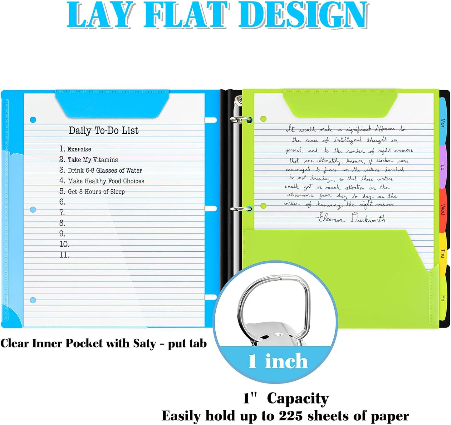 INFUN 1 Inch Telescoping 3 Ring Binder - 1PCS,Flexible Round Binder with Customizable Front Cover and Clear Catalog Pocket, 1 Inch Rings, 225 Sheet Capacity-Blue