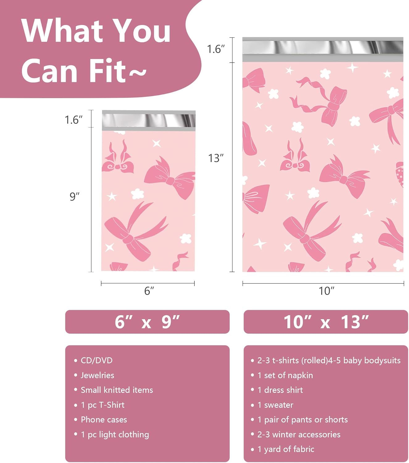 Poly Mailers 6x9 Inch 100 Pcs - Pink Bow printed Shipping Bags, 2.4mil Thickness, Waterproof and Tear Resistant Mailing Envelopes, Self-Sealing Packaging Bags for Small Business