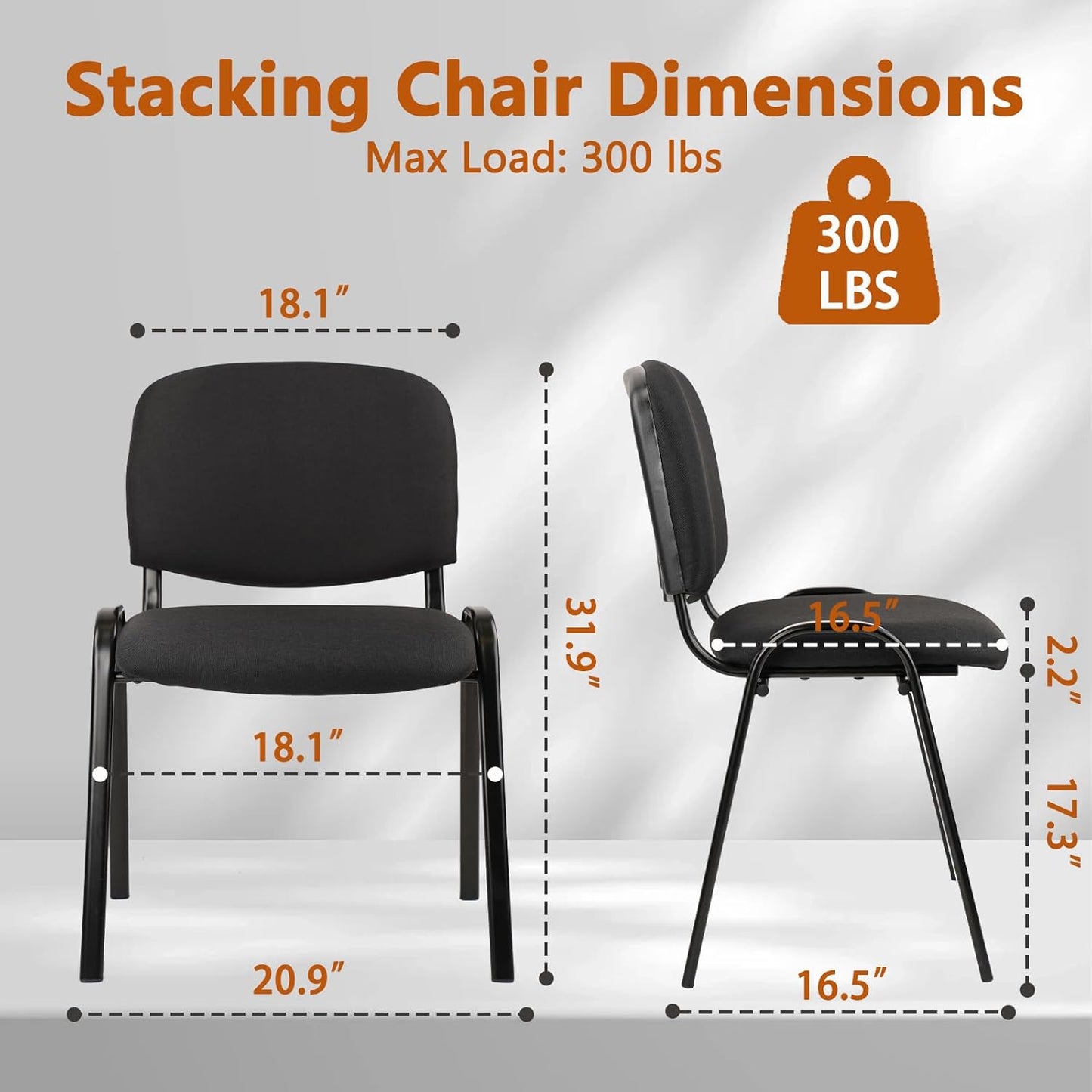 CLATINA Set of 5 Pack Stackable Waiting Room Chairs Fabric Black Reception Chair Metal with Thickened Seat Back Cushion for Waiting Conference Room Guest Stool (5 Pack)