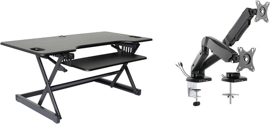 Rocelco 46" Large Height Adjustable Standing Desk Converter with Dual Monitor Mount Arm BUNDLE - Quick Sit Stand Up Computer Workstation Riser - Retractable Keyboard Tray - Black (R DADRB-46-MA2)
