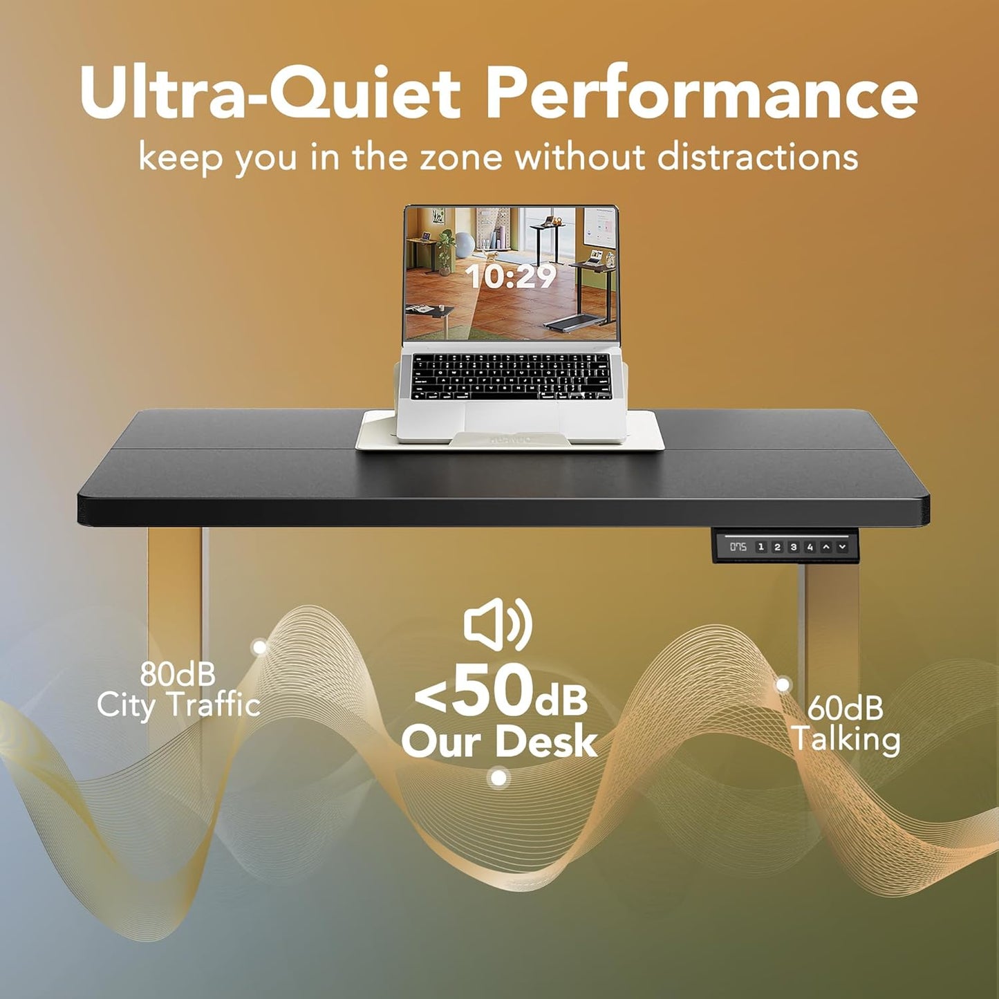 HUANUO 32" Small Electric Standing Desk Adjustable Height, 4 Memory Height Settings, Sit Stand Up Desk for Home Office & Computer Workstation, Black and Gold Frame