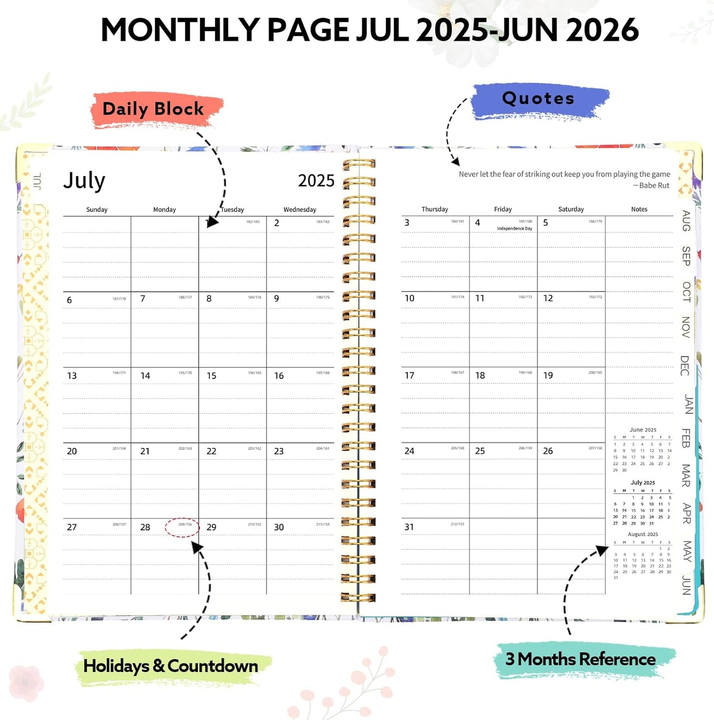 2025-2026 Academic Planner, A5 (6.5" x 8.5") Weekly and Monthly Planner, July 2025 - June 2026, Calendar Planner with Tabs, Inner Pocket for Home School Office Supplies, Red Flower