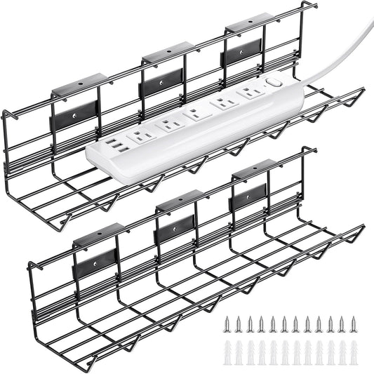 2 Pack DELAMU Under Desk Cable Management Tray, Metal Cord Cable Organizer for Desk, Easy Install Pre-drilled Wire Management Wire Organizer for Office & Home