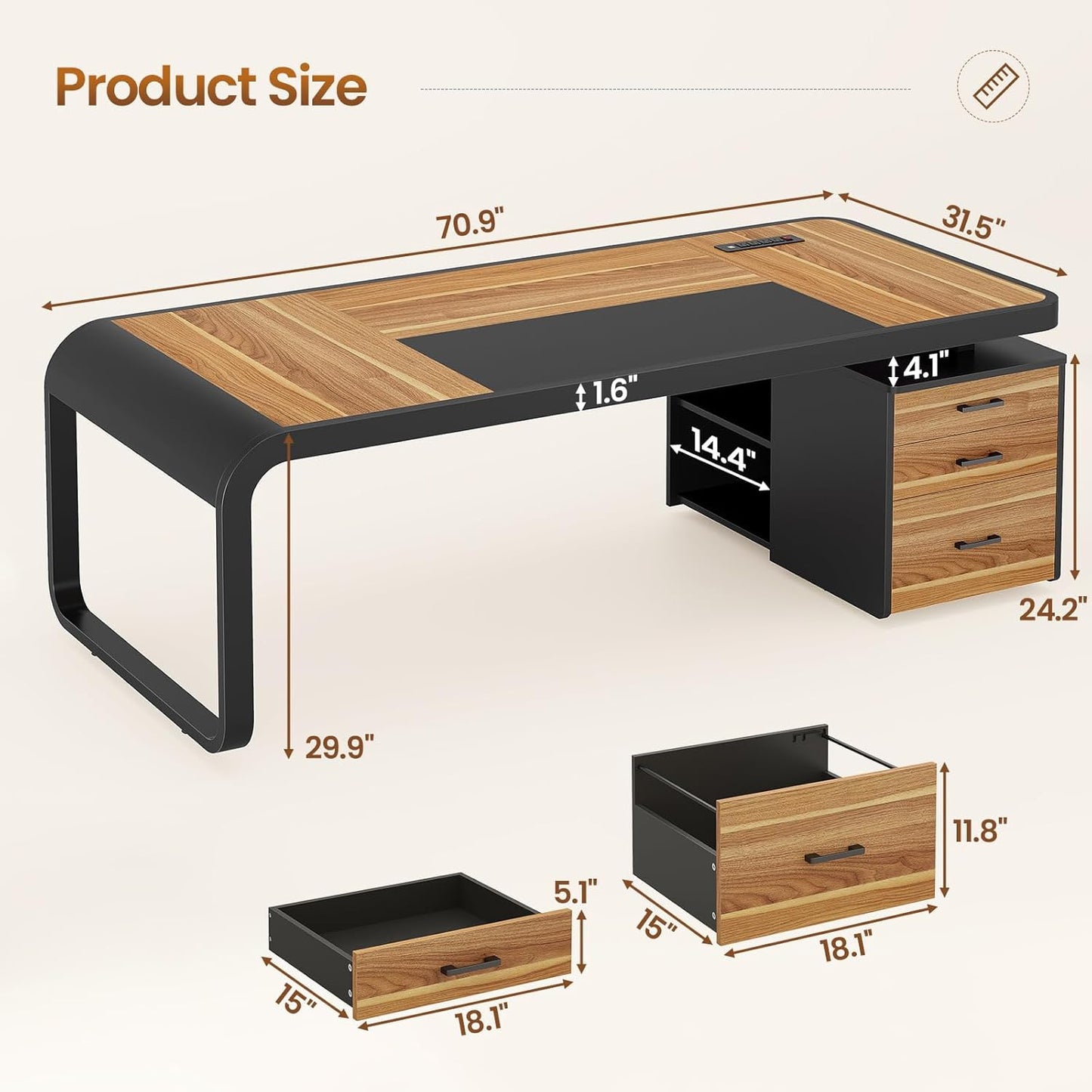 Itaar 70.9" Executive Desk, Large Computer Desk with Drawers and Lateral File Cabinet, Office Desk with Removable Shelves, Business Furniture Desk Workstation for Home Office, Light Walnut
