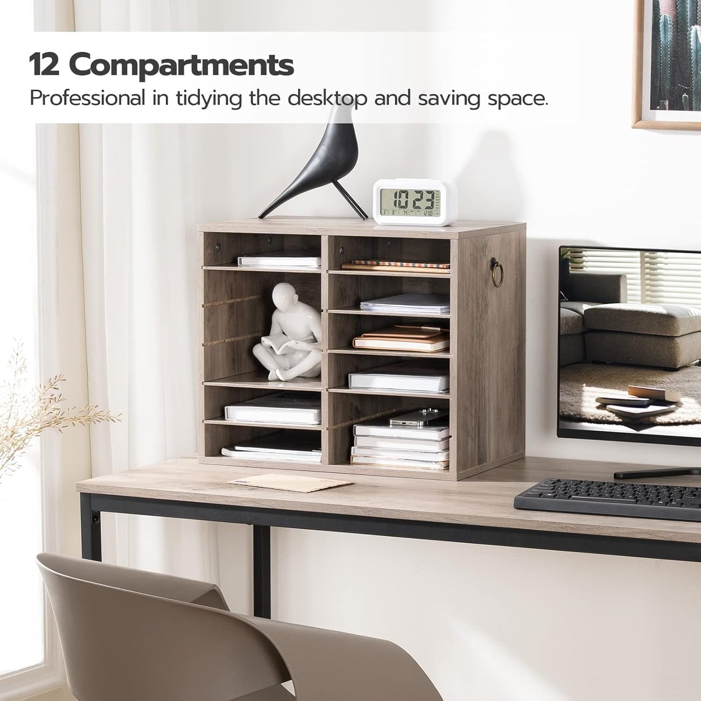 HOOBRO Literature Organizers, 12 Compartments Office Mailbox with Adjustable Shelves, Wood Countertop Literature Sorter for Office, Home, Classroom, Mailrooms Organization Greige BG12WF01