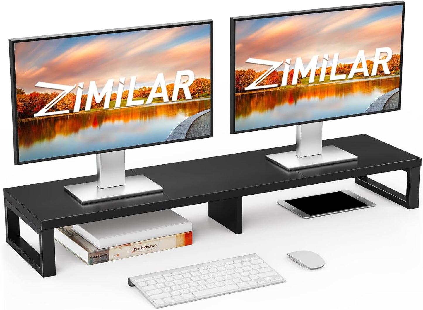 Zimilar Dual Monitor Stand Riser, Large Monitor Stand for Desk, Wood Monitor Riser with Storage Organizer for Home Office, Monitor Stands for 2 Monitors, Desktop Wooden Monitor Riser for Computer
