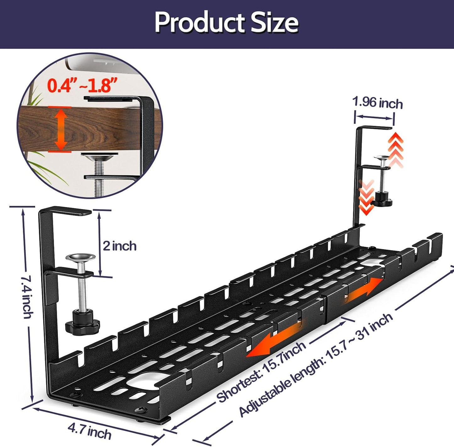 Shikha 2 Pack Cable Management Under Desk, 15.7"-31" Retractable Cable Management Tray, No Drilling Cord Organizer with Clamp for Desk, Under Table Wire Management Tray for Home Office