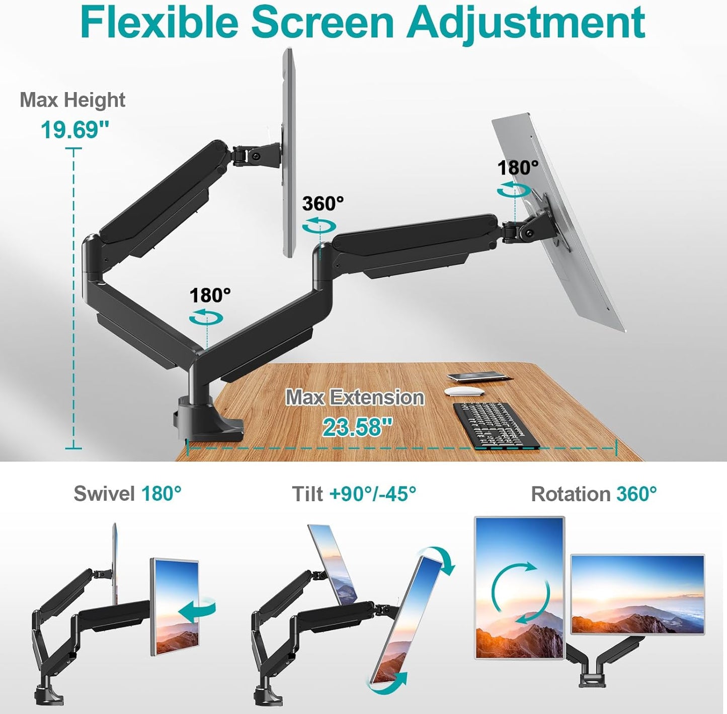 MOUNT PRO Dual Monitor Stand for Max 43 Inch Ultrawide Computer Screen, Premium Aluminum Heavy Duty Monitor Arm Holds 6.6lbs to 33lbs, Gas Spring Full Motion Display Desk Stand, VESA Mount