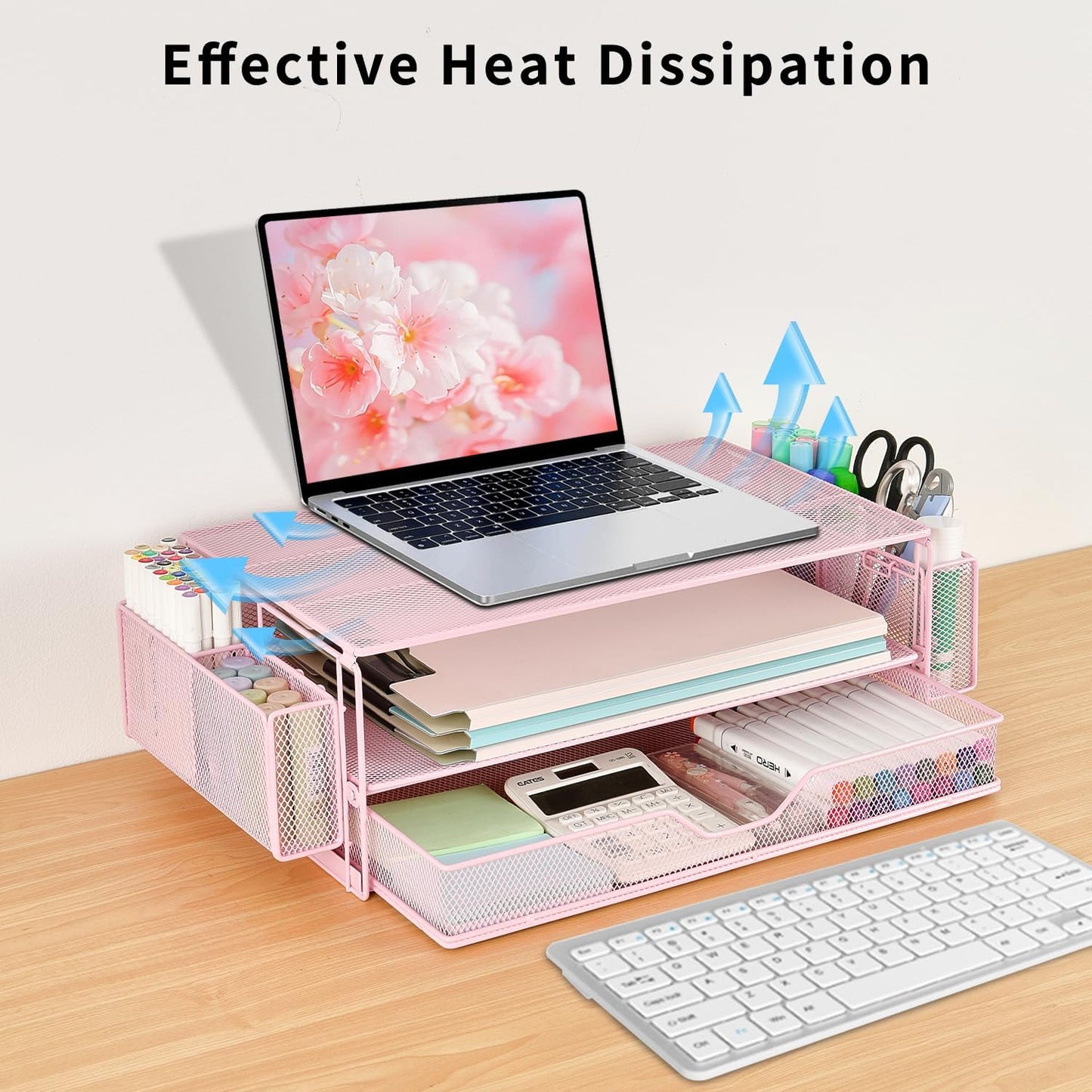 AUPSEN Computer Monitor Stands Riser，2-Tier Desk Organizers and Accessories, Office Desk Accessories Organizer with Drawers and 2 Pen Holder for Office Supplies (Pink)