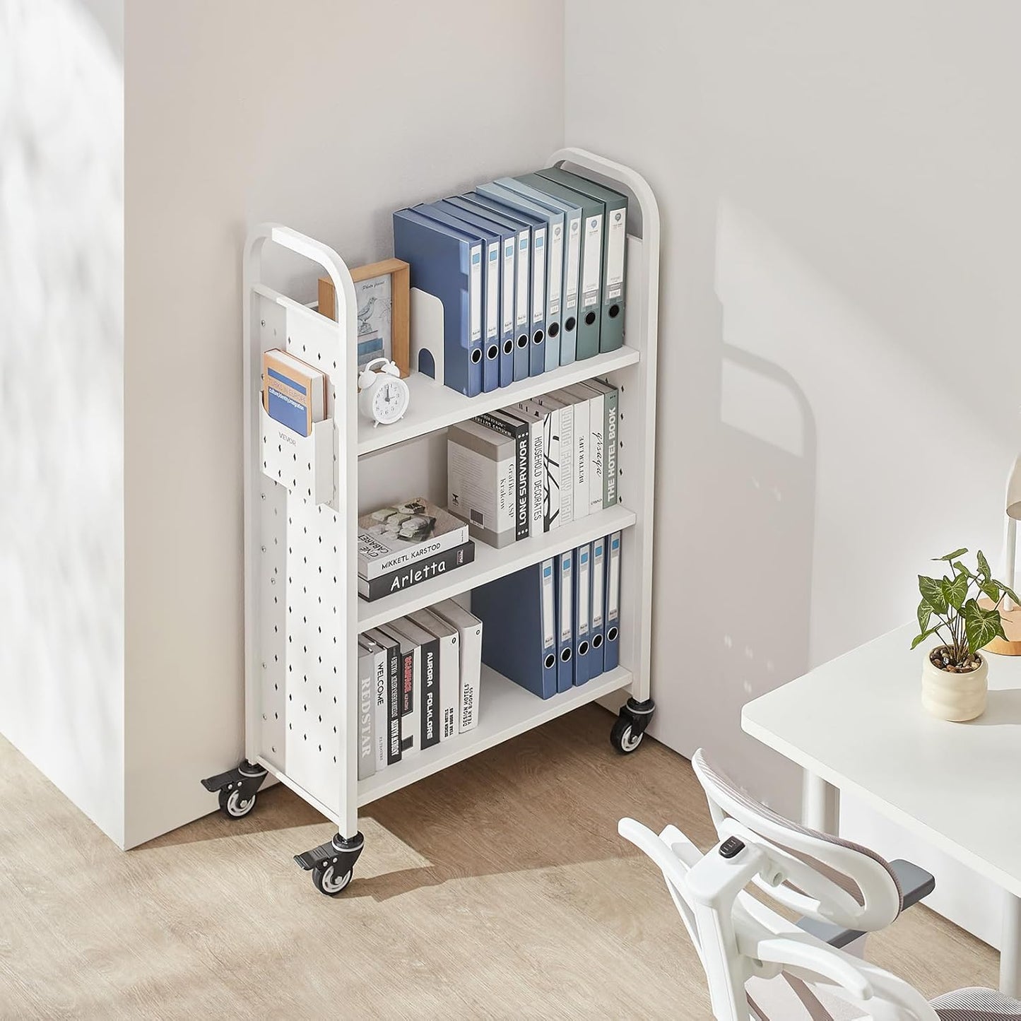 VEVOR Rolling Library Book Cart, 330 lbs Capacity, 30.3 x 15 x 48.0-Inch Library Cart, Single Sided L-Shaped Shelves with 3-Inch Lockable Wheels, Book Truck for Home Shelves Office and School, White