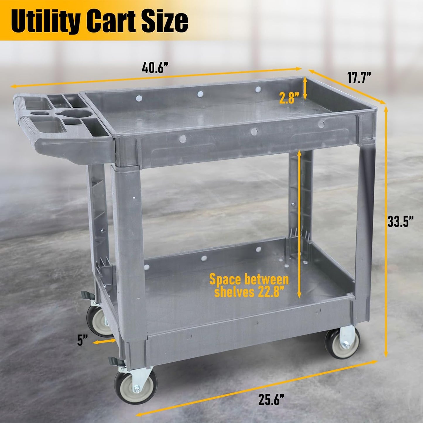 Utility Rolling Tool Cart, 40 x 17-Inch Plastic Rolling Carts, Huge Storage W/Deep 2-Shelf Heavy Duty Service Cart with Wheels, 550 lbs Capacity Organizer for Garage, Warehouse, Workshop
