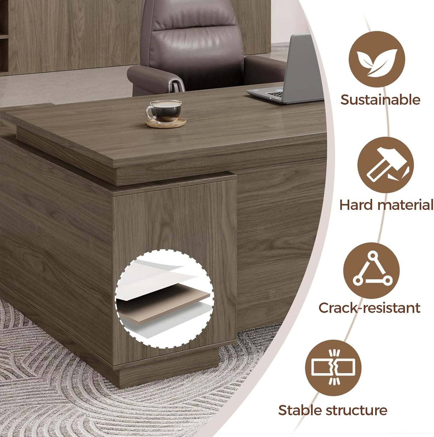 L-Shaped Executive Desk with Reversible Cabinets, Lockable Drawers & Cable Management – Large Wood Office Desk for Home or CEO Office(Black Walnut,63" L*32" W*30" H)