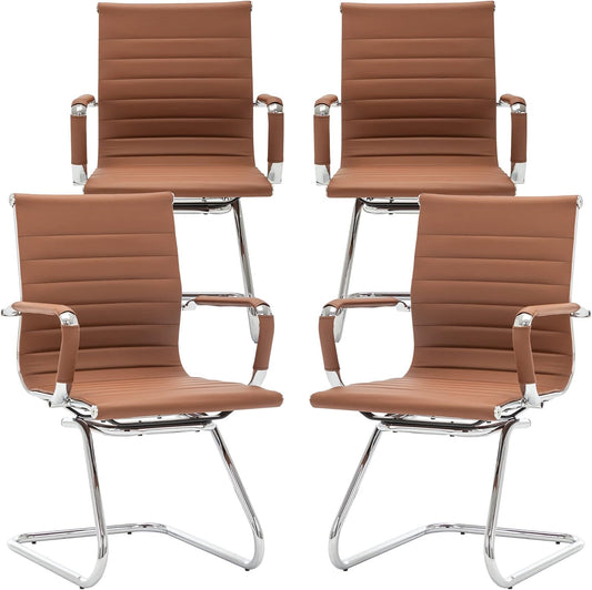Office Desk Chair No Wheels Set of 4 PU Leather Computer Chairs Mid Back Guest Chairs for School Reception Conference Waiting Room, Cafe