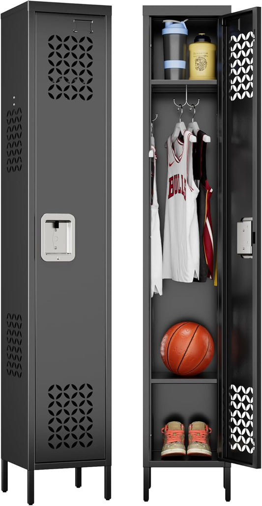 1 Door Metal Locker with Adjustable Shelves and 3 Hooks,Metal Lockers for Employees for Gym,School,Office,Home,Garage,Assembly Required,Black