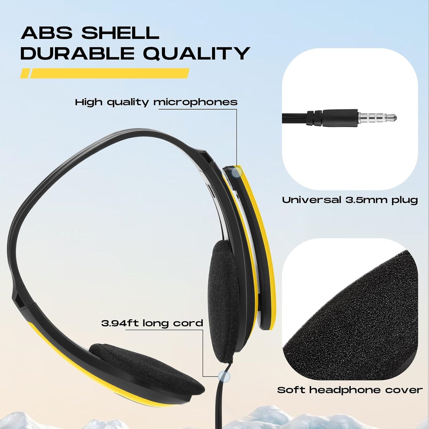 Yunsailing 20 Pack Bulk Classroom Headphones with Microphone Students Kids Wired School Class Set Headphones for School Library Computer Office Adults 3.5 Jack Universal Plug(Yellow)