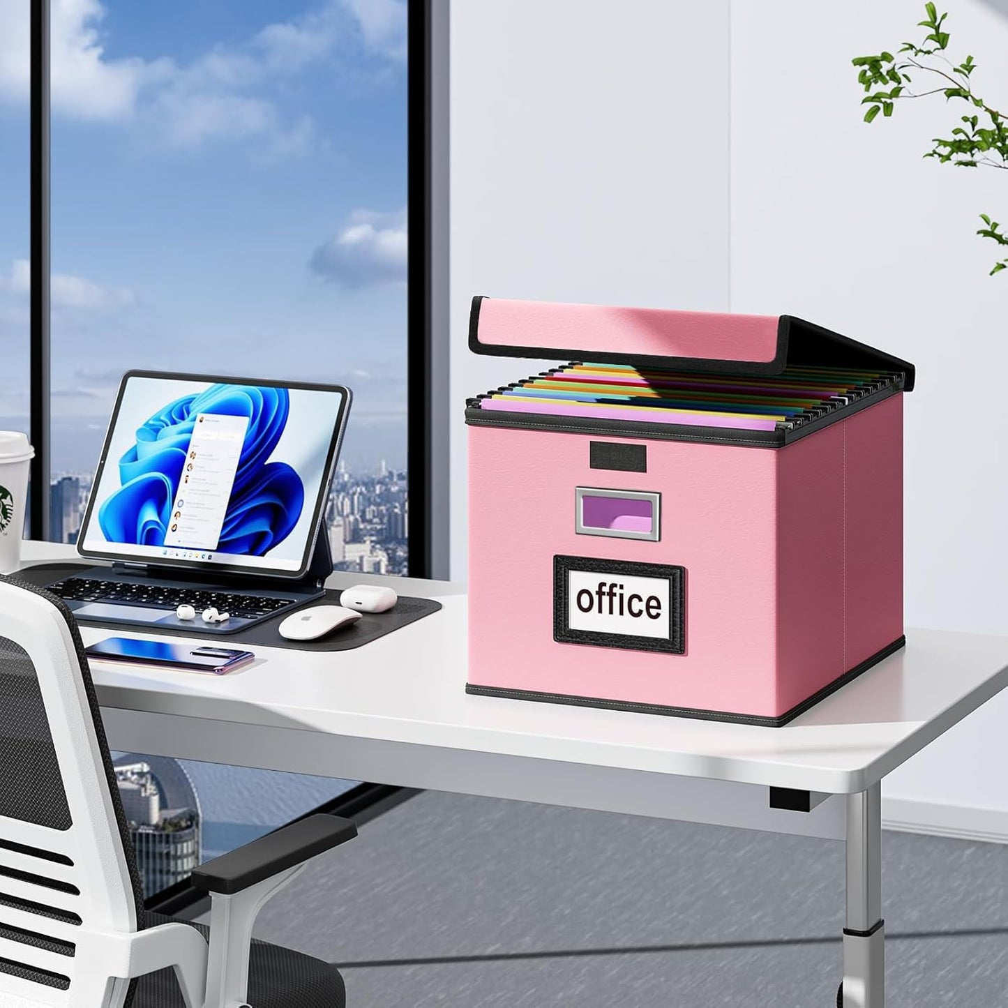 Huolewa File Organizer Box with Lid, Collapsible Leather File Folder Organizer for Office Document Storage, Filing Box with Plastic Slide for Letter/Legal Size Hanging Files, Pink