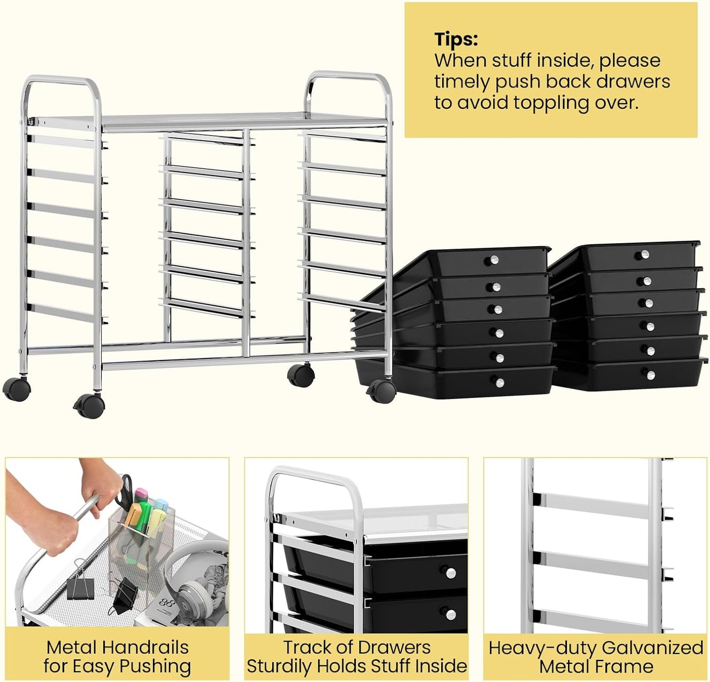 Giantex 12 Drawers Rolling Cart, Mobile Storage Drawer Cart, Classroom Organizer Cart for Office School Supplies Tools Scrapbook Paper Craft Small Printer, Utility Cart on Wheels, Black