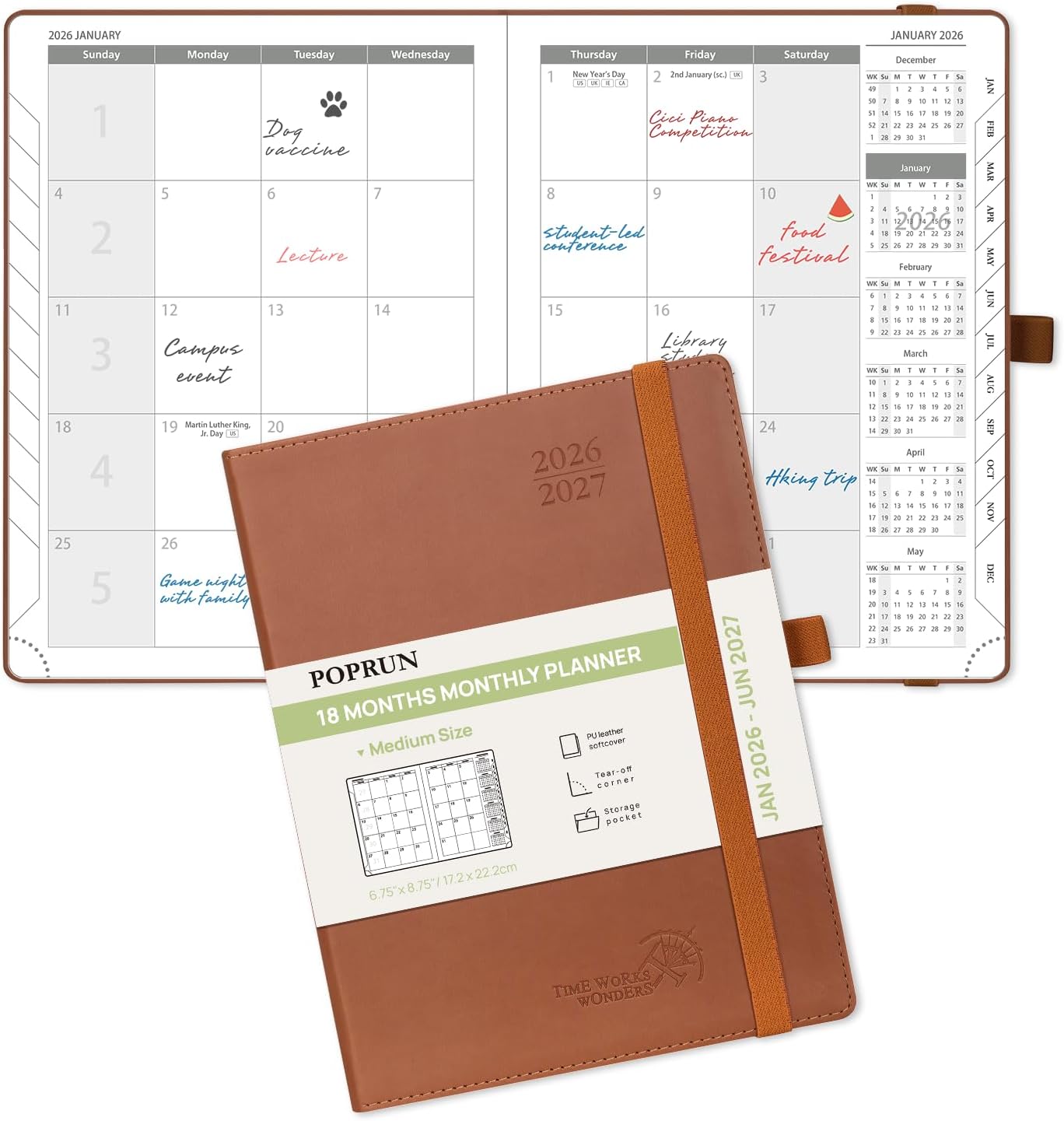 POPRUN Monthly Planner 2026-2027 (Medium- 6.5'' x 8.5'' Soft Cover), 18-Month Calendar Book (Jan.2026 - Jun. 2027), Calendar Planner with Monthly Tabs & Pocket, 100 GSM Paper - Brown