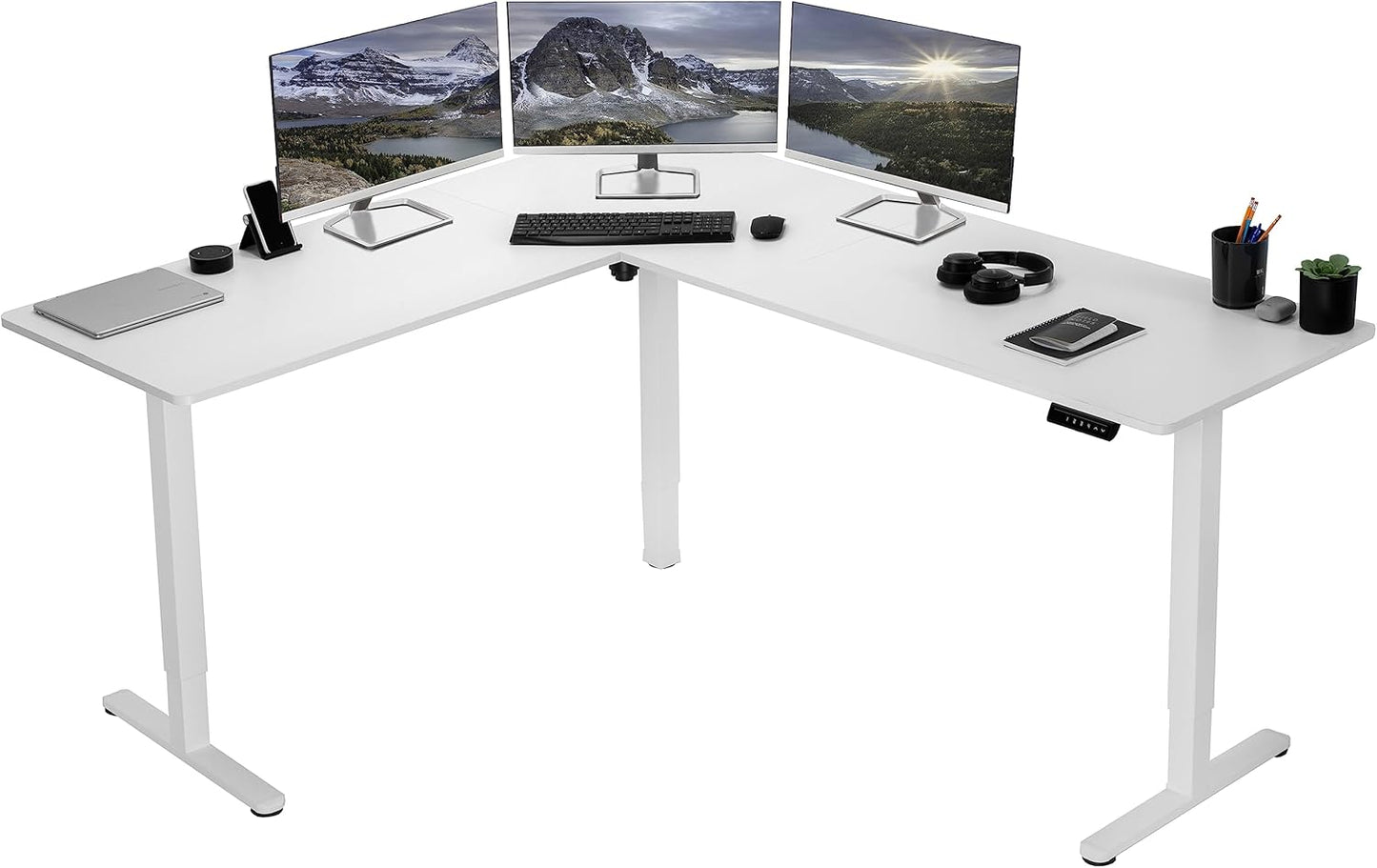 VIVO Electric Corner L-Shaped 75 x 63 in Rustic Standing Desk, Memory Height Adjustment, White Top White Frame, DESK-E3CTW-75
