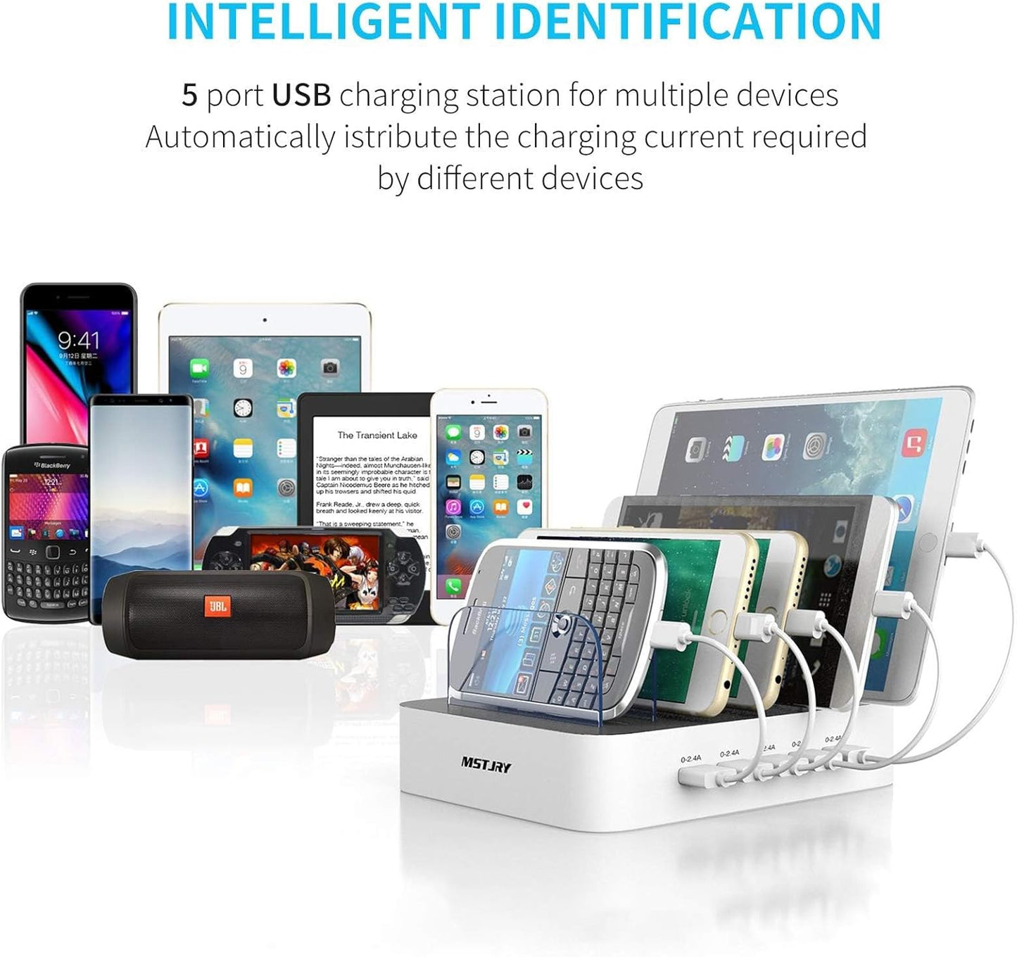 MSTJRY Charging Station for Multiple Devices : 5 Port Multi USB-A Charger Stations Multi-Device Organizer Charging Dock Designed for iPhone iPad Cell Phone Tablets (7 Short Cables Included)