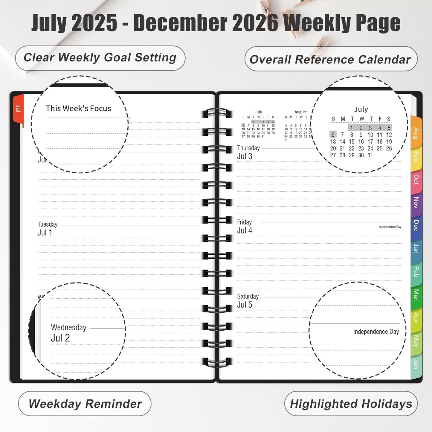 Daily Planner 2025-2026, 18 Month Planner with Tabs, July 2025 - December 2026 Weekly and Monthly Academic Year Calendar Spiral Time Management, 100GSM Thick Paper, Twin-Wire Binding, A5 Size, Black
