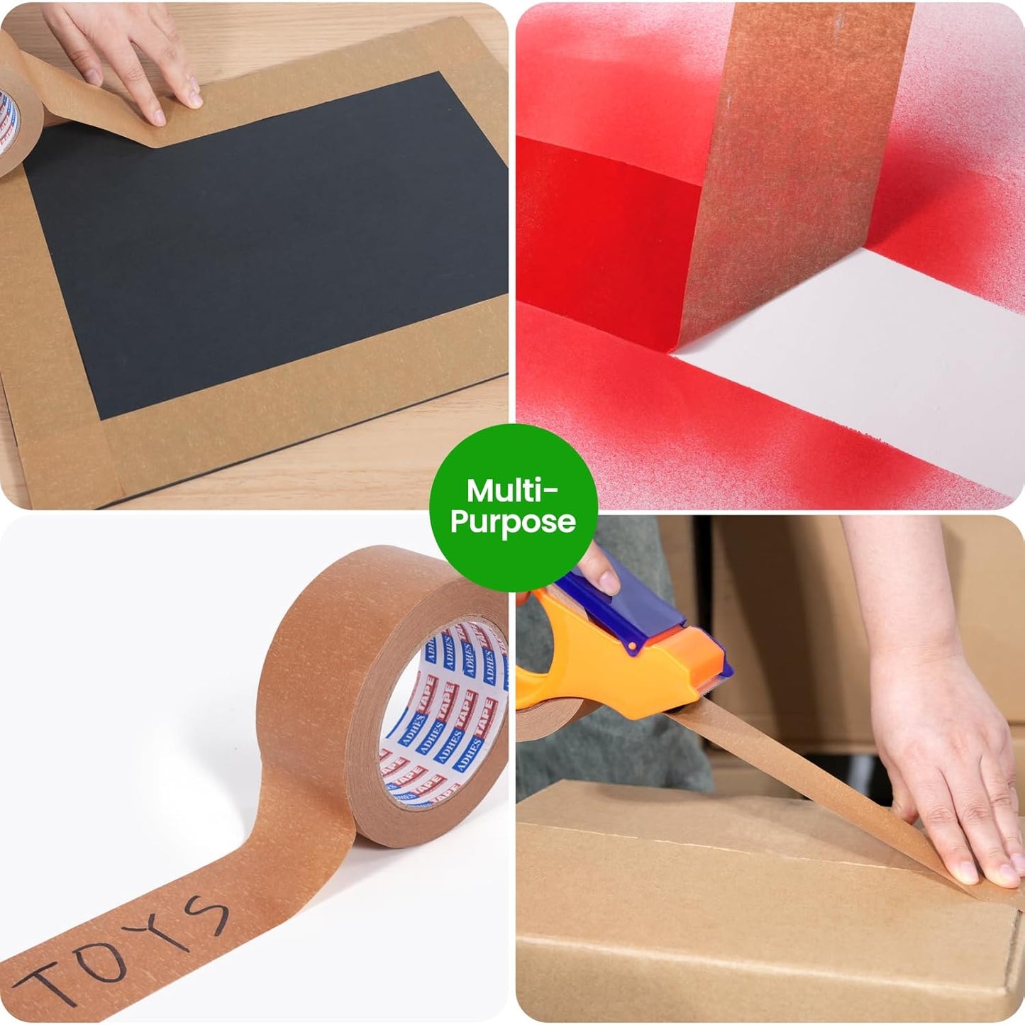 ADHES Kraft Paper Tape, 2 Inch x 60 Yards x 6 Rolls, Biodegradable Paper Packing Tape Writable & Uncoated Brown Shipping Tape for Shipping, Moving, Sealing