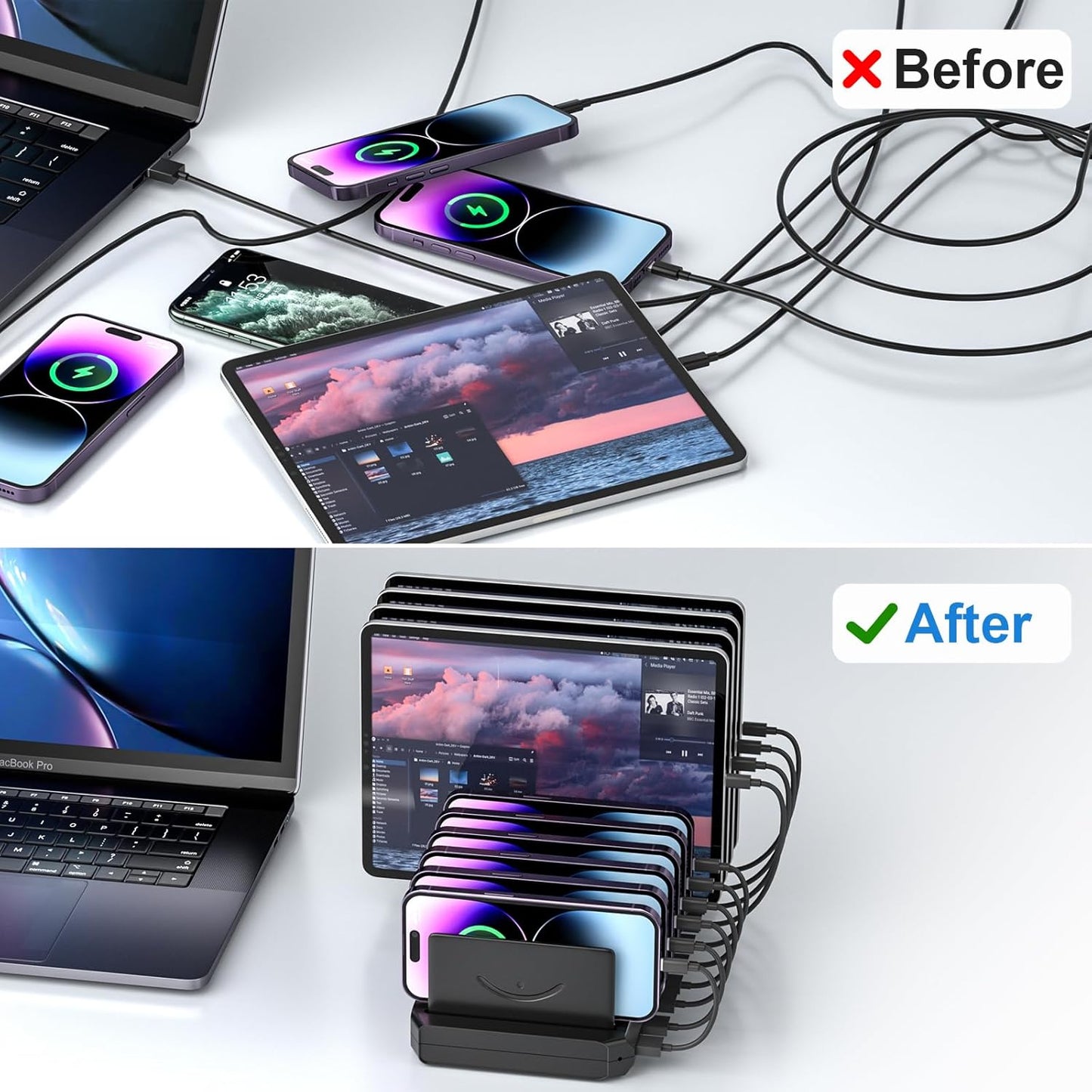 Charging Station for Multiple Devices, Cinlinso 60W 10 Port USB Fast Charging Station with Adjustable Dividers, Compatible with iPhone, iPad, Tablets and Cell Phone (Black)