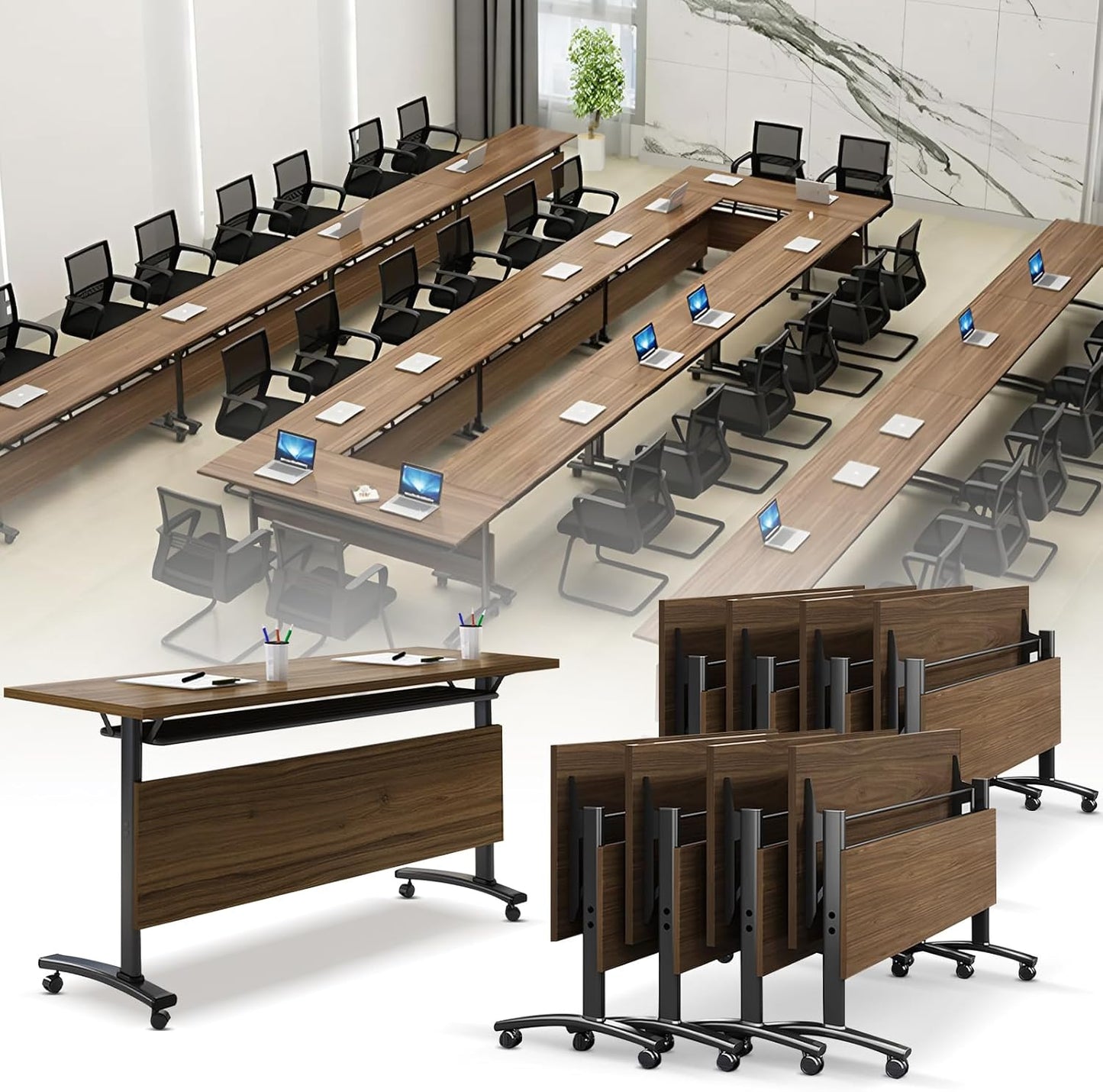 Folding Conference Room Table, Modern Conference Tables with Wheels, Large Rectangular Mobile Training Tables for Office Classroom, Foldable Modular Boardroom Seminar Table Walnut (8pack L47.2in)