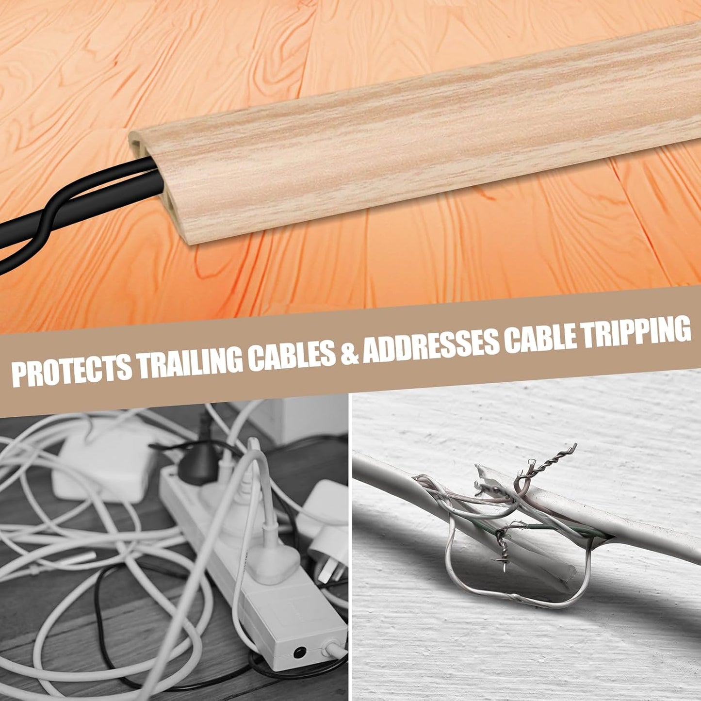 Floor Cord Cover Self Adhesive Cord Hider,10FT Cable Management, Extension Strip Protector for Wires, Prevent Cable Trips for Offices, Gyms, Exhibitions Cavity:0.39"(W) x0.27(H) WoodLightyellow