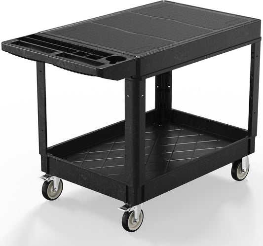 Utility Cart on Wheels, Heavy Duty Large Flat Top Rolling Service Cart, 46 x 25 Inch Work Carts, 2 Shelf 1000 lbs Capacity Plastic Tool Cart, for Warehouse, Garage, Cleaning, Black