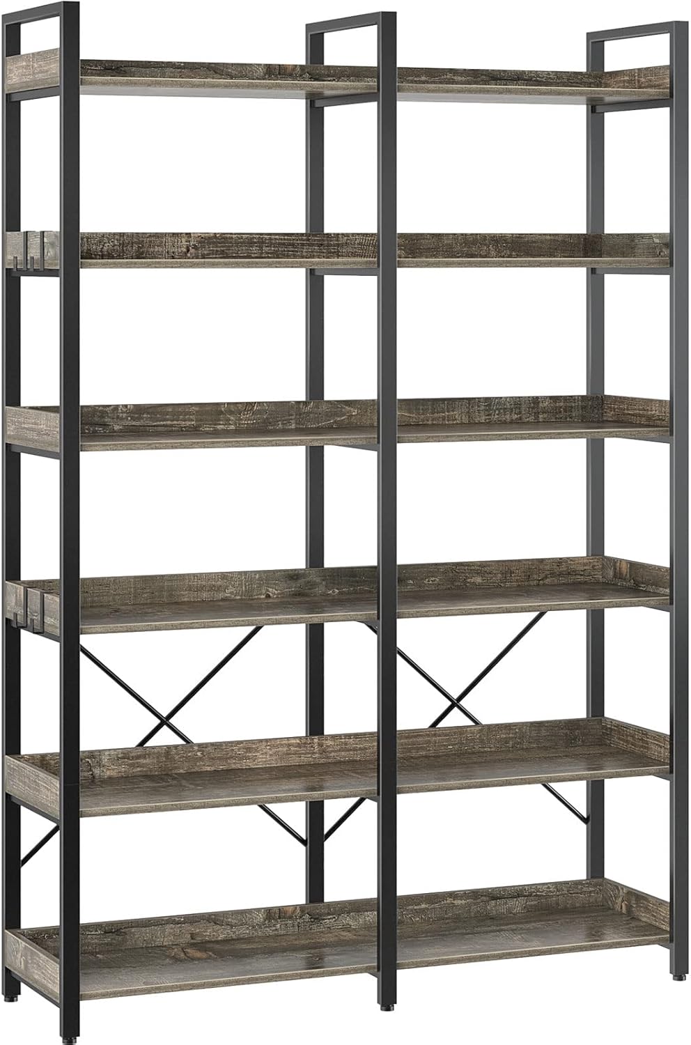 Seventable Bookshelf 6 Tier with 4 Hooks，67”Industrial Wooden Bookcase, Vintage Storage Rack with Open Shelves, Rustic Standing Bookshelves Metal Frame 43.3” Wide Display Rack, Gray