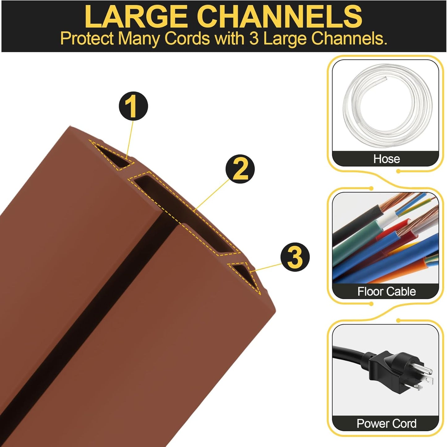 MYFAMIREA 6.5FT Floor Cord Cover Heavy Duty Cable Cover Protector 3 Channels Extension PVC Floor Wire Cover Outdoor Cord Hider Management Cord Cover for Wire on Floor for Home Office Outdoor, Brown,2M