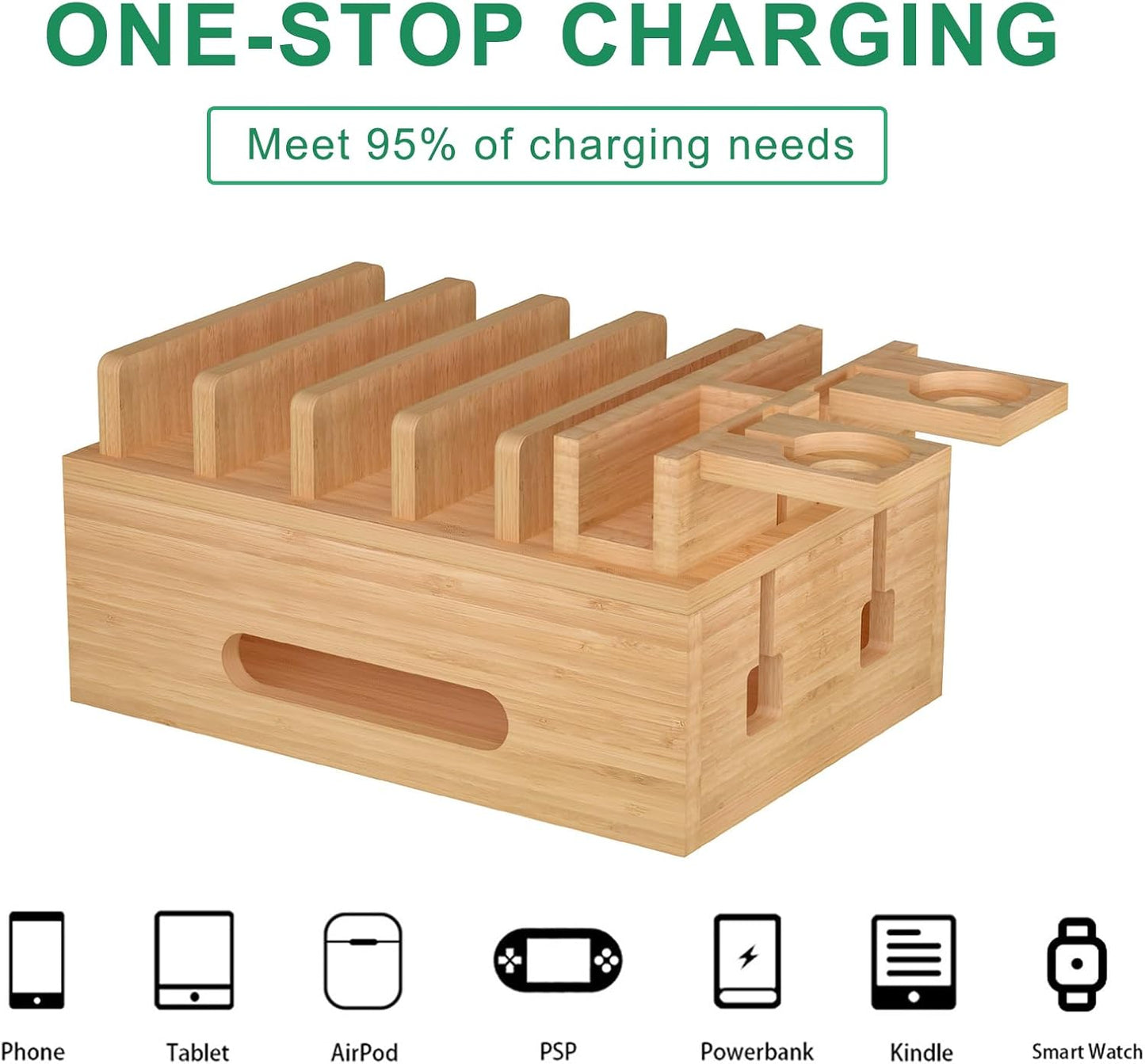 Bamboo Charging Stations for Multi Devices with 5 Port USB Charger, 6 Cables, Desktop Wood Docking Station Charger Organizer for Cell Phones, Tablets,Earphone, Watches