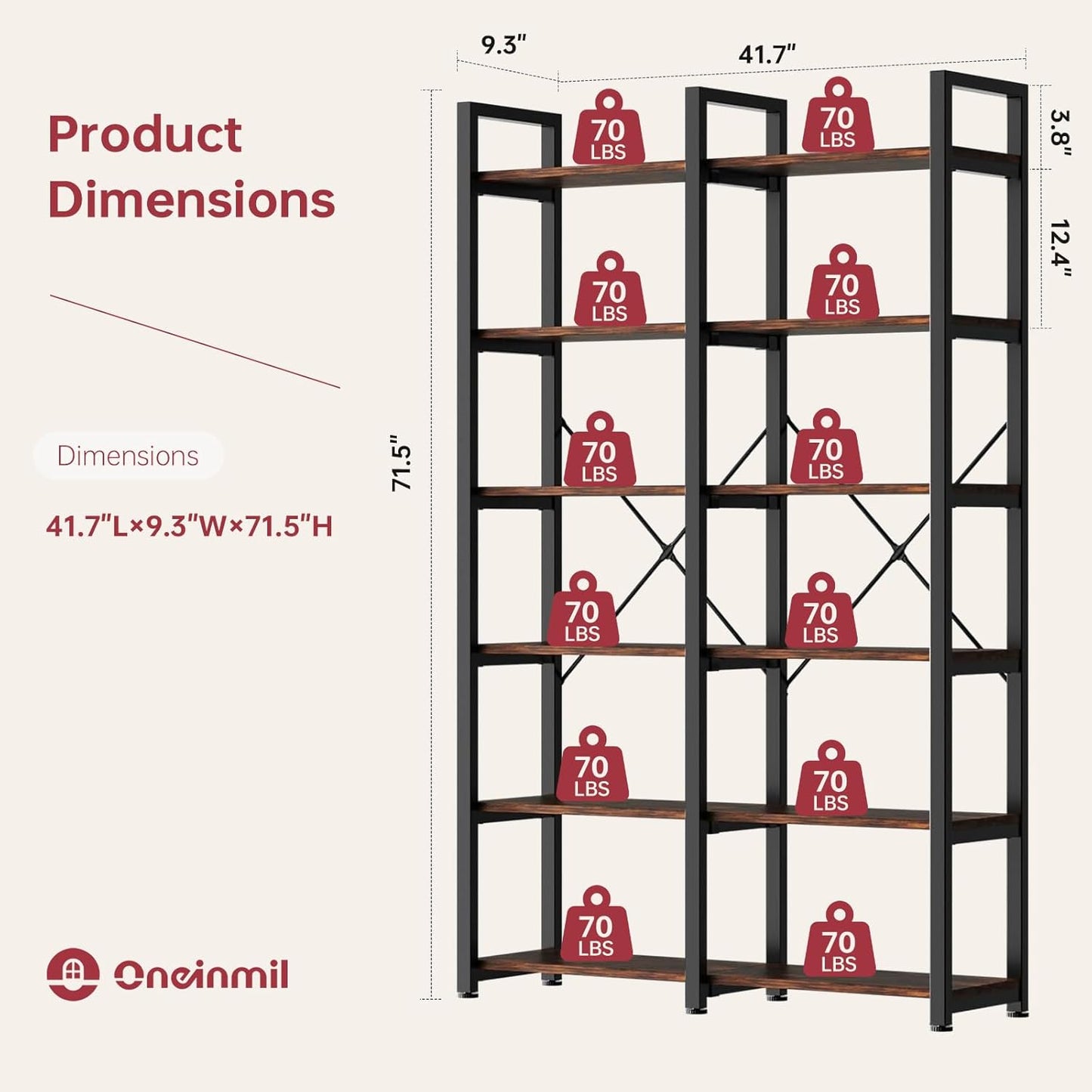 oneinmil 6 Tier Bookshelf Set of 2, 71.5'' Industrial Wood Bookshelves, Book Shelf with 12 Open Display Shelves & Metal Frame, Tall Bookcase for Home and Office, Rustic Brown