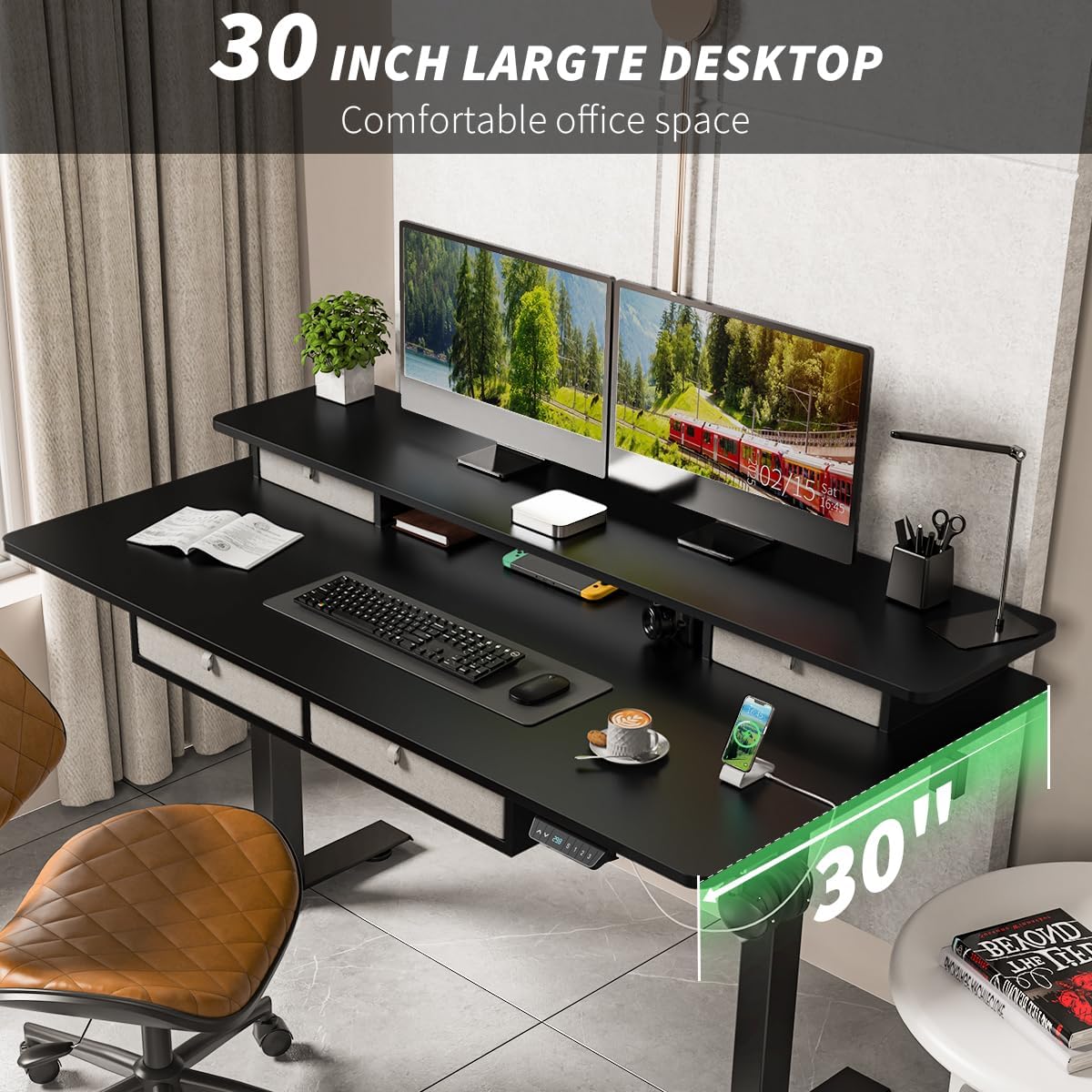 Standing Desk with Fast Charging USB Ports, 63" x 30" Height Adjustable Home Office & Gaming Desk, Sit Stand Desk with Built-in Storage Shelf, Hook & Ergonomic Design(Classic Black)