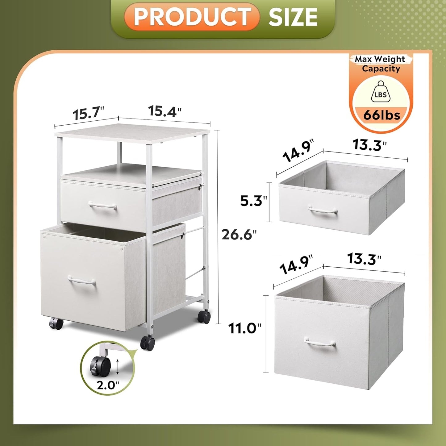 DEVAISE 2 Drawer Fabric Vertical Filing Cabinet, Rolling Printer Stand, White