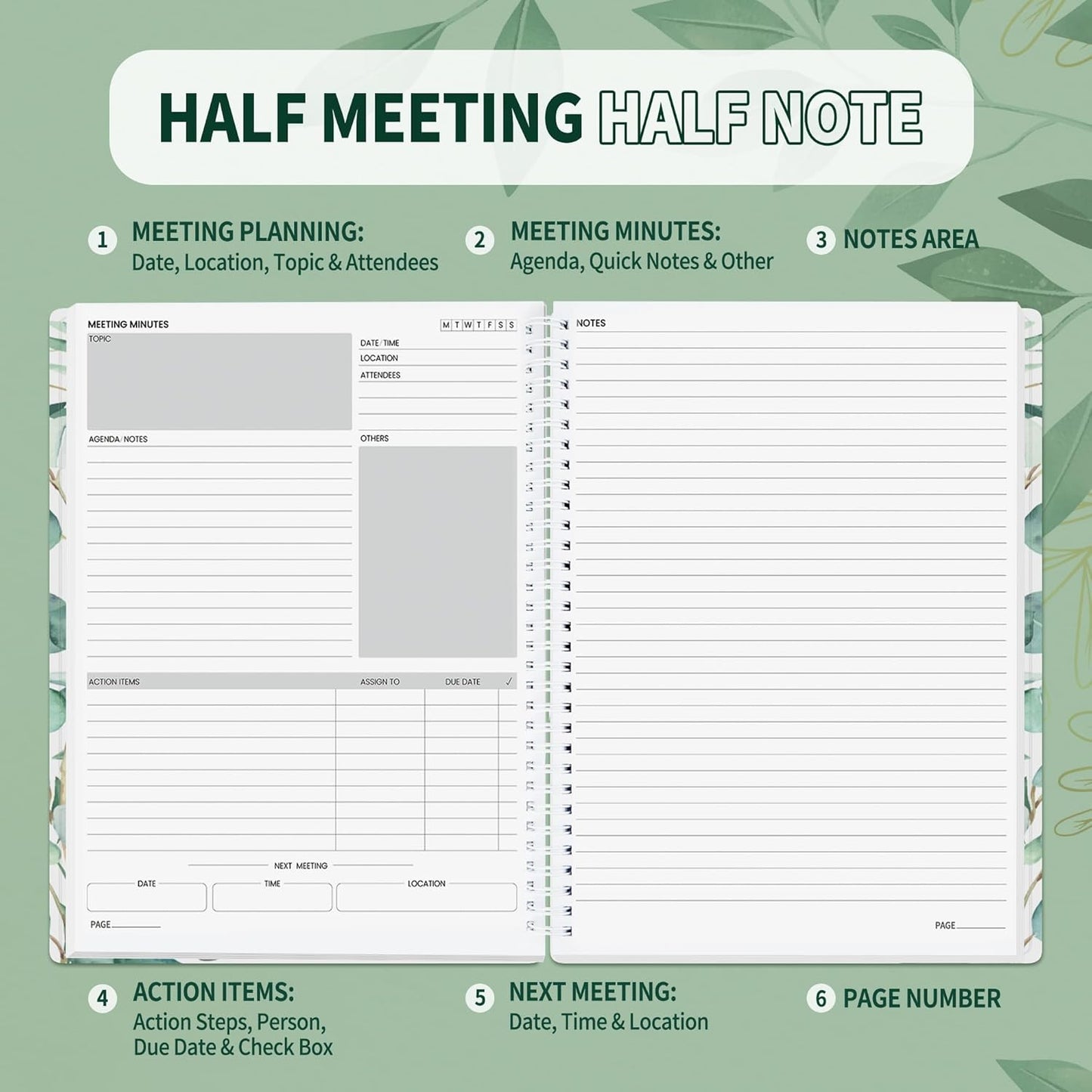 SUNEE Half Meeting Half Note - 8.5"x11" Professional Notebooks for Work - 160 Pages, A4 Size Project Planner, Spiral Meeting Agenda/Minutes Organizer for Women Men, Note Taking, Office & Business