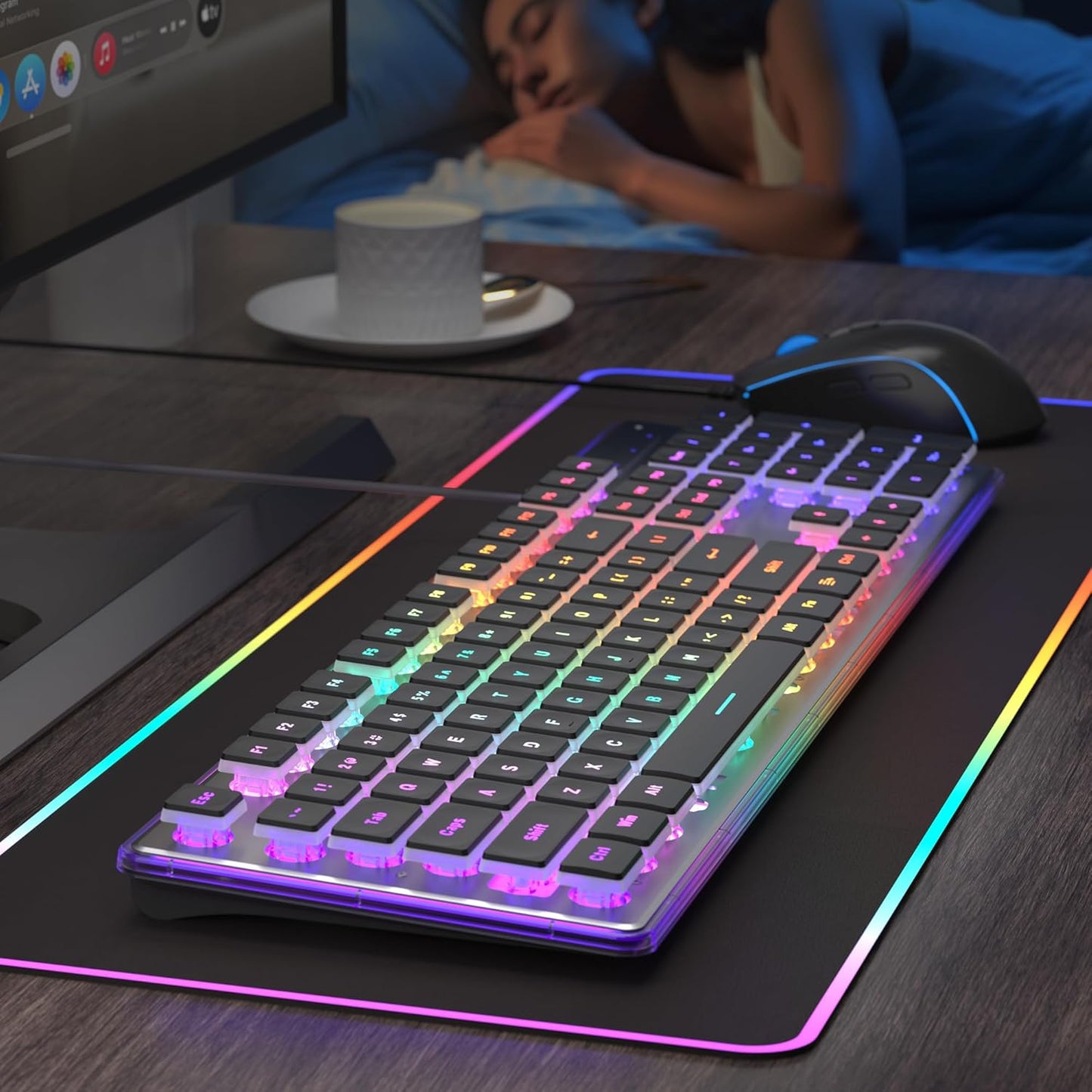 Camiysn Gaming Creamy Keyboard and Mouse, Black 104 Keys RGB and 6 Speed RGB Mouse Combo, Pudding Keycaps Silent Computer Keyboard for Computer/PC/Laptop/Mac/Windows/Office