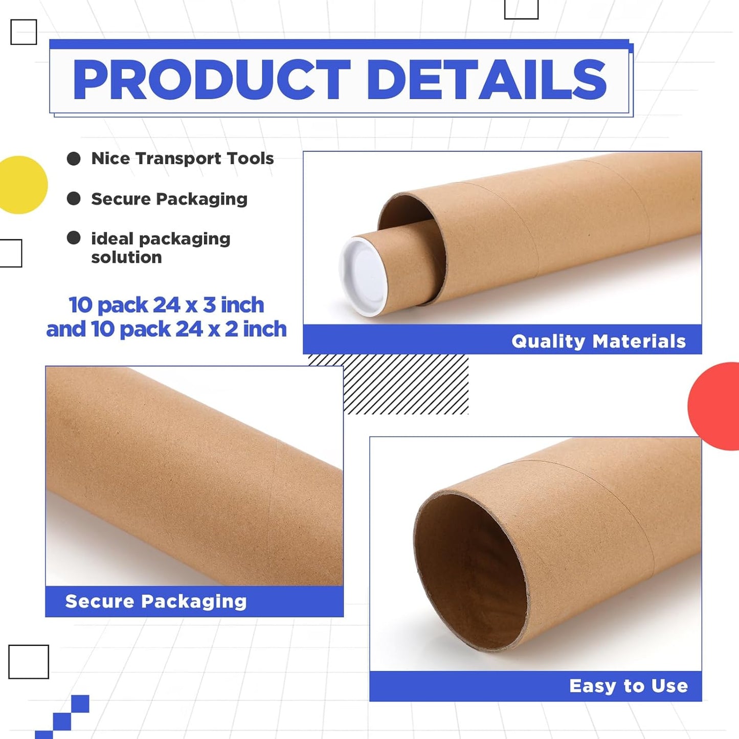 20 Pcs Mailing Tubes Kraft with Caps 24 x 3 Inch & 24 x 2 Inch Shipping Tubes Heavy Duty Cardboard Poster Tubes Kraft Poster Tube for Shipping Storage Art Prints Maps Multipurpose Documents
