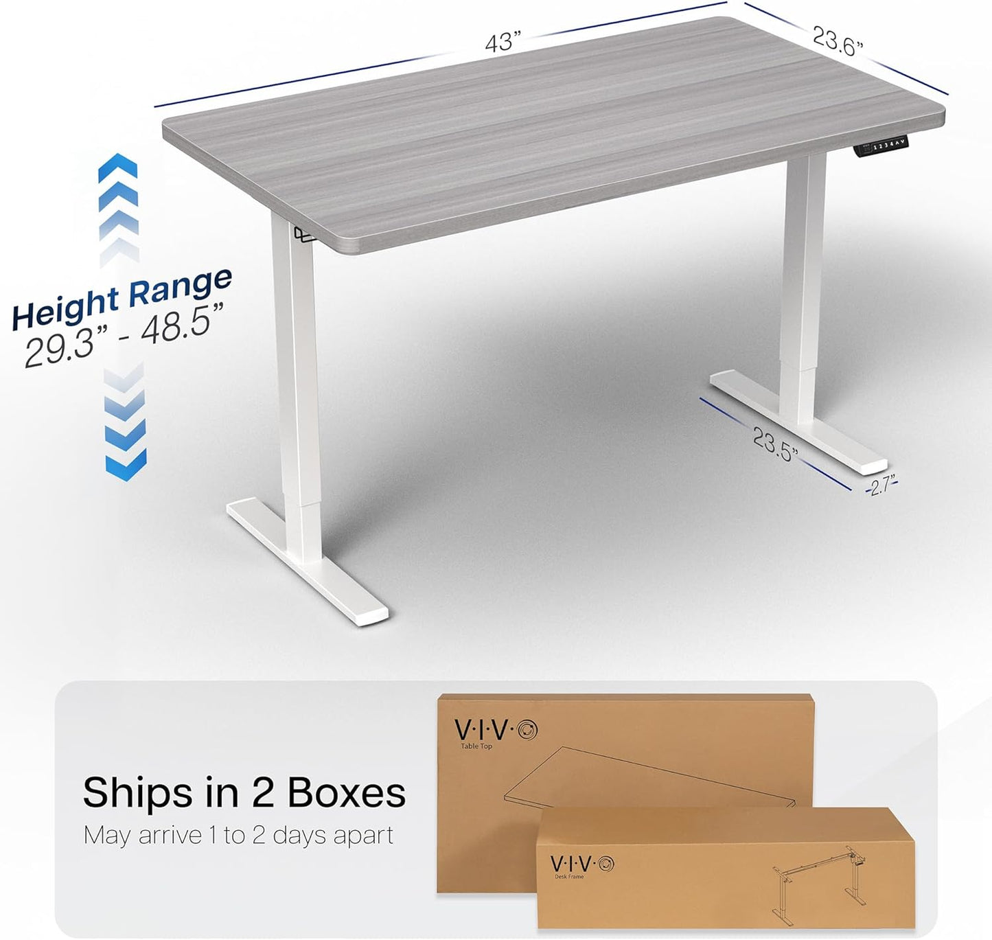 VIVO Electric 43 x 24 in Standing Desk, Memory Height Adjustment, 1B Series, One-Piece Dark Gray Top, White Frame, DESK-KIT-1W4G