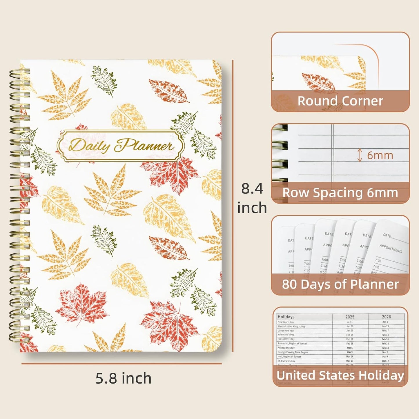 Undated Daily Planner - Spiral Notebook 80 Days One Day Per Page, Hourly Schedule, To-Do List, Notes, Everyday Planning Task, A5 Hardcover Journal Organizer Book Women Cute Aesthetic, Fall