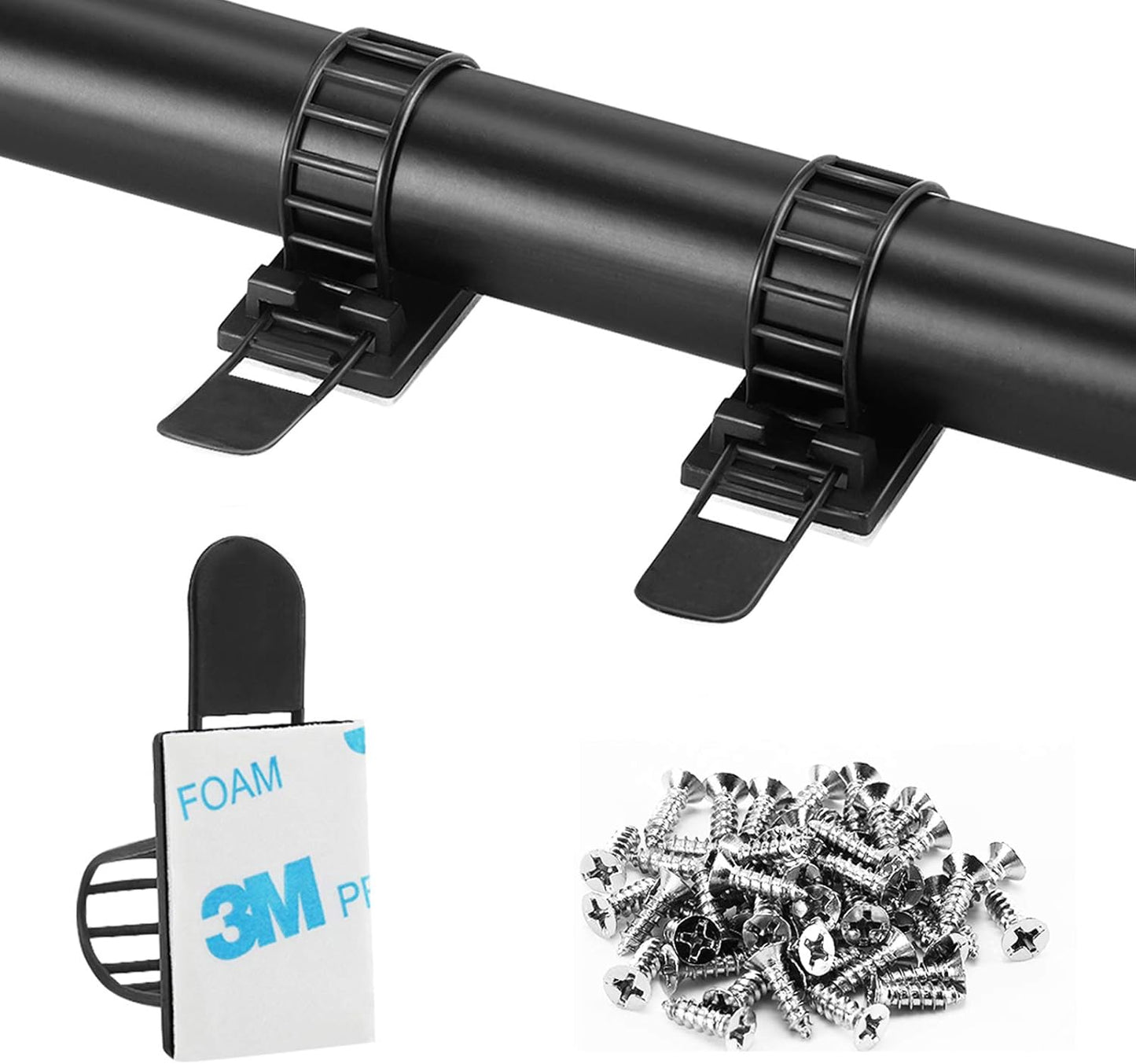 Adhesive Cable Management Clips, 100Pcs Adjustable Nylon Cable Strap Ties Wire Clips Clamps Organizer with Strong Adhesive Tape, Extra Screw & Hole for Strong Fixation Home Office - 3.35 Inch Black