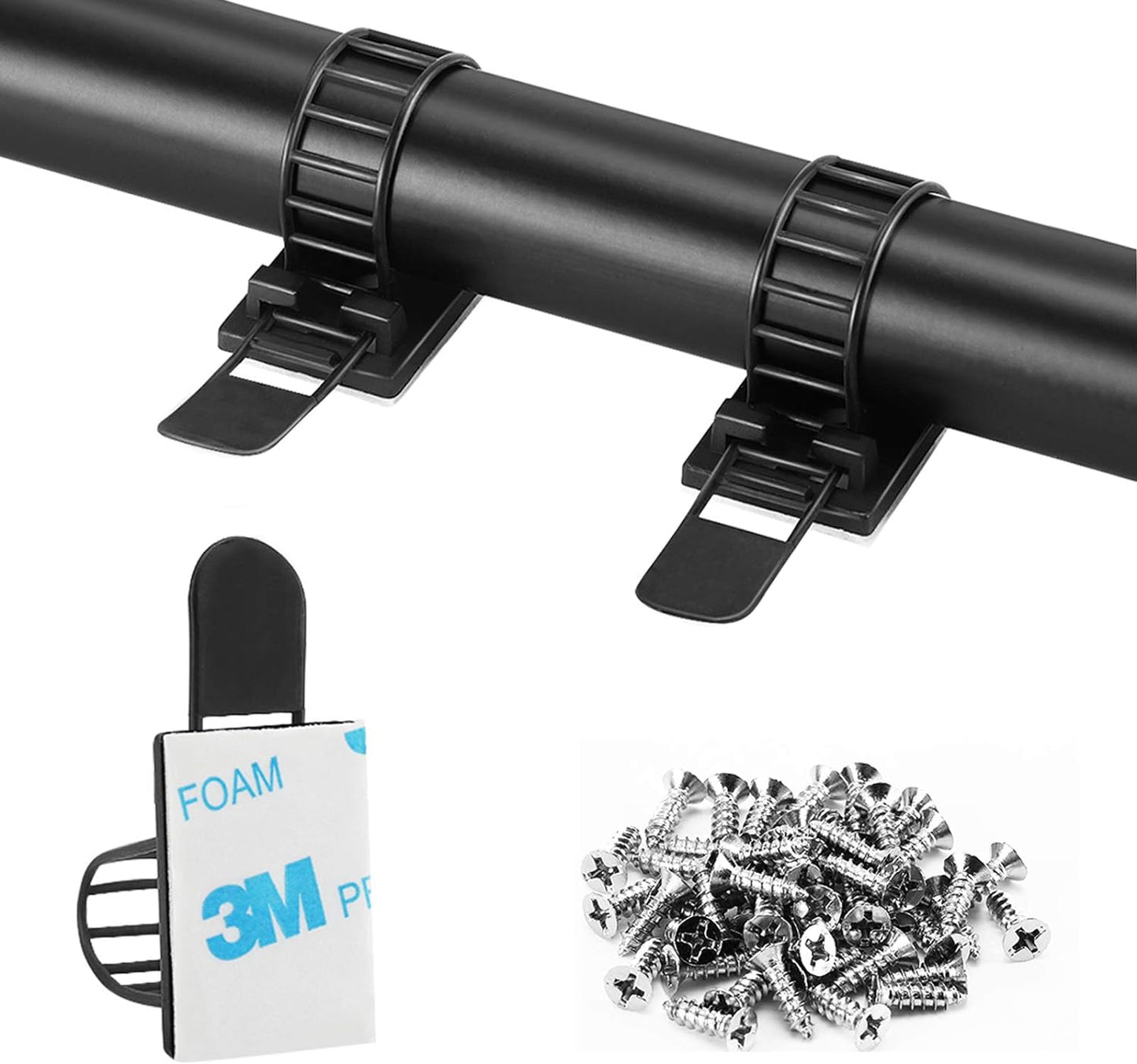 Adhesive Cable Management Clips, 100Pcs Adjustable Nylon Cable Strap Ties Wire Clips Clamps Organizer with Strong Adhesive Tape, Extra Screw & Hole for Strong Fixation Home Office - 3.55 Inch Black