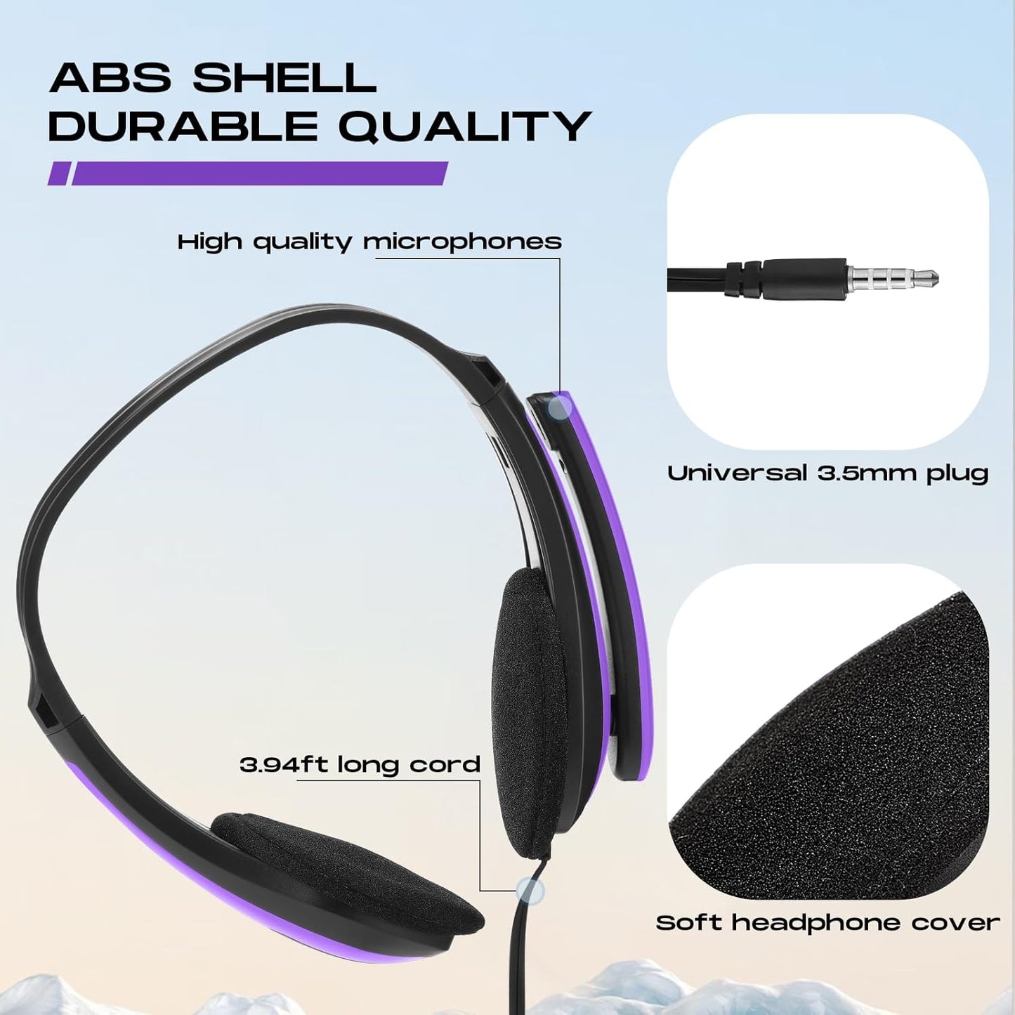 Yunsailing 20 Pack Bulk Classroom Headphones with Microphone Students Wired School Class Set Headphones for School Library Computer Office Adults 3.5 Jack Universal Plug (Purple)