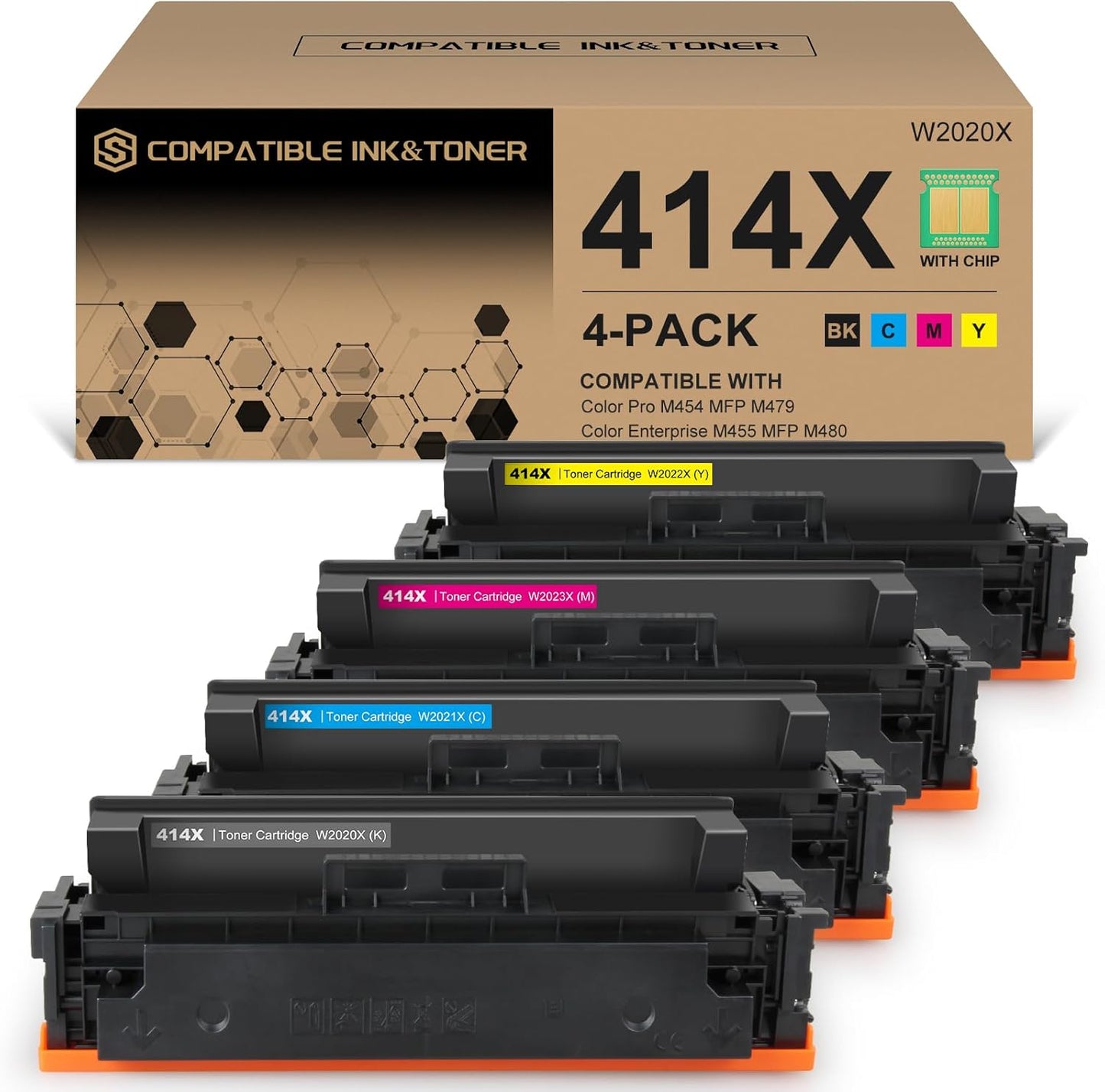 414X High Yield Toner Cartridges 4 Pack (with Chip) Works with Color Pro MFP M479fdw M479fdn M454dw M454dn M479dw M455dn M479 M454, Enterprise M455dn M480f Printer | W2020X W2021X W2022X W2023X 414A