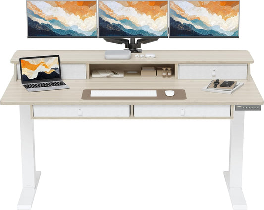 ErGear Electric Standing Desk with 4 Drawers, 63" x 30" Height Adjustable Desk with Storage, C-Clamp Mount Compatible, Computer Home Office Table with Cable Management Tray, Natural