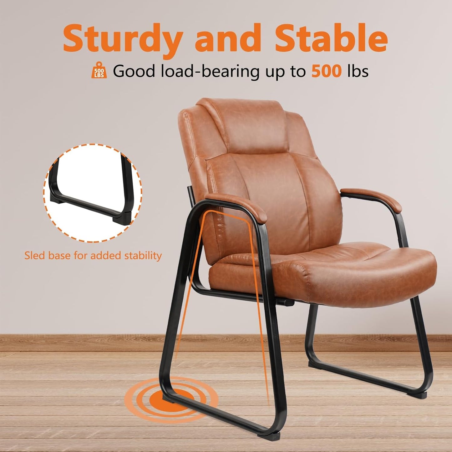 CLATINA Big & Tall 500 lb. Guest Chair, PU Leather Office Reception Chairs with Sled Base, Desk Chair No Wheels for Waiting Room Conference Lobby Computer Living Room, Brown, 4 Pack