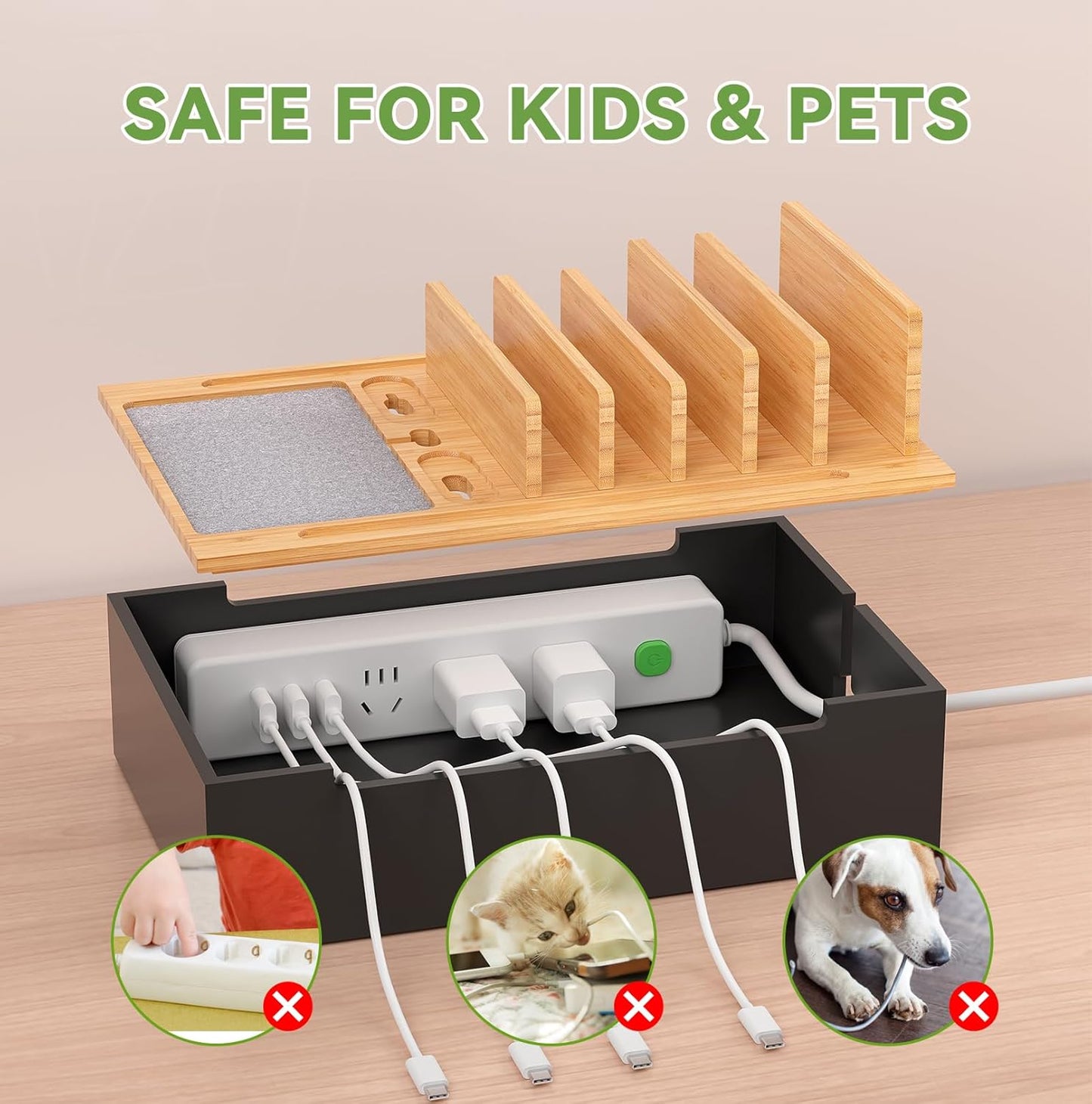 Pezin & Hulin Bamboo Charging Station for Multiple Devices, USB Charger Dock Organizer, with Power Supply (10 Ports HUB), 6 Cables, Cable Management Organizer for Cell Phones, Tablets -Natural+Black