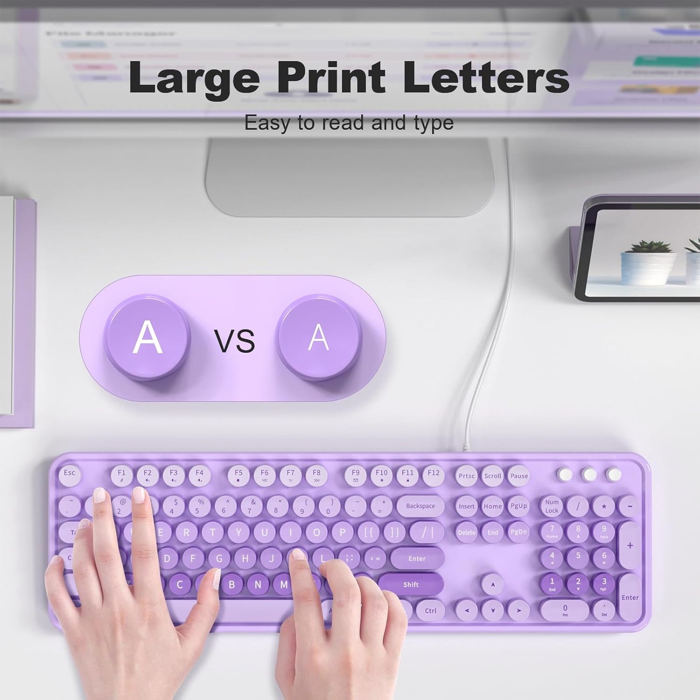 Large Print Keyboard, USB Wired Computer Keyboard, Full Size Keyboard with Number Pad for PC Laptop Desktop Windows 7 8 10 11 (Purple Colorful)