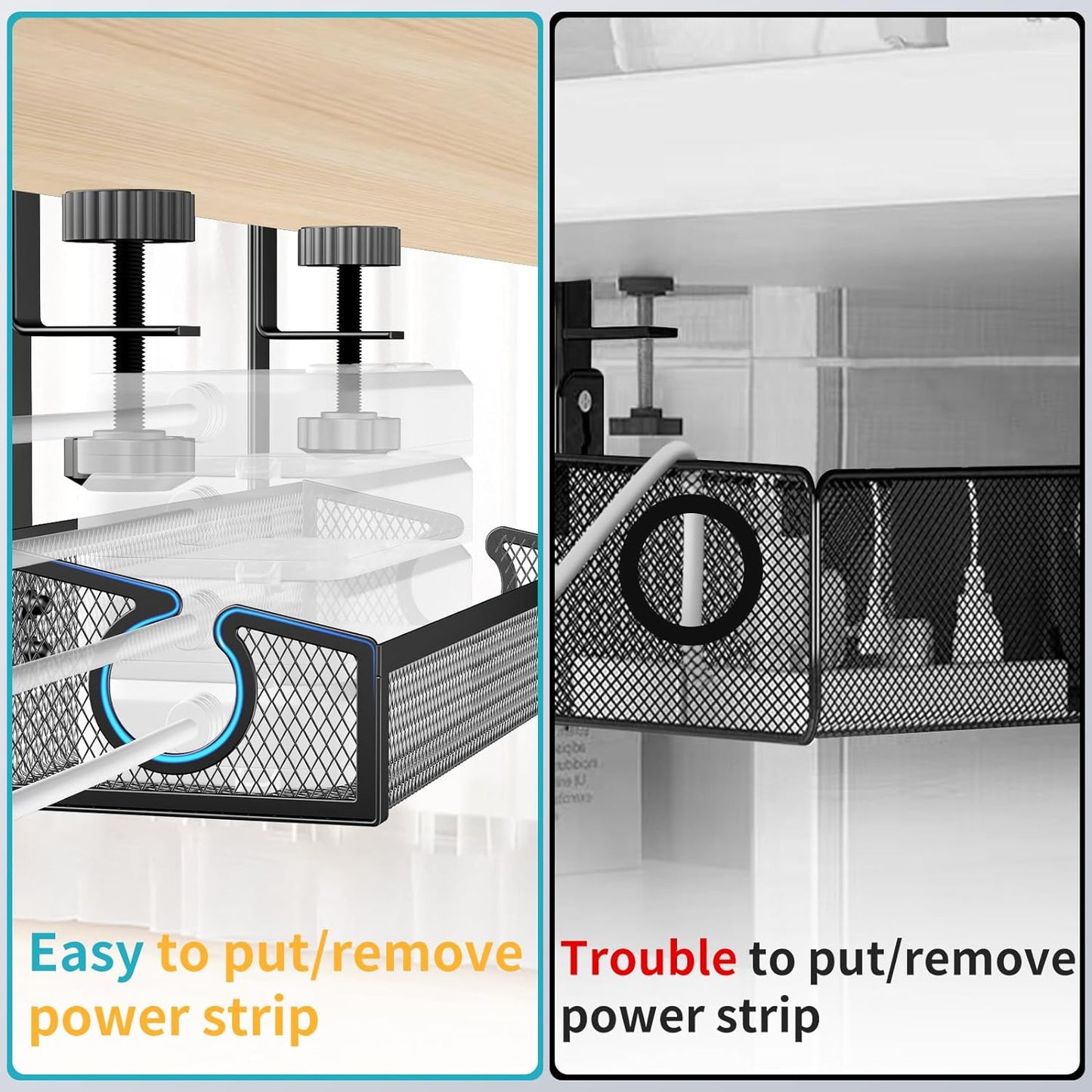 Under Desk Cable Tray - Black, No Drill Cable Organizer with Clamp for Wire Management, PC Cord Organizer & Workspace Accessories (2 Pack)